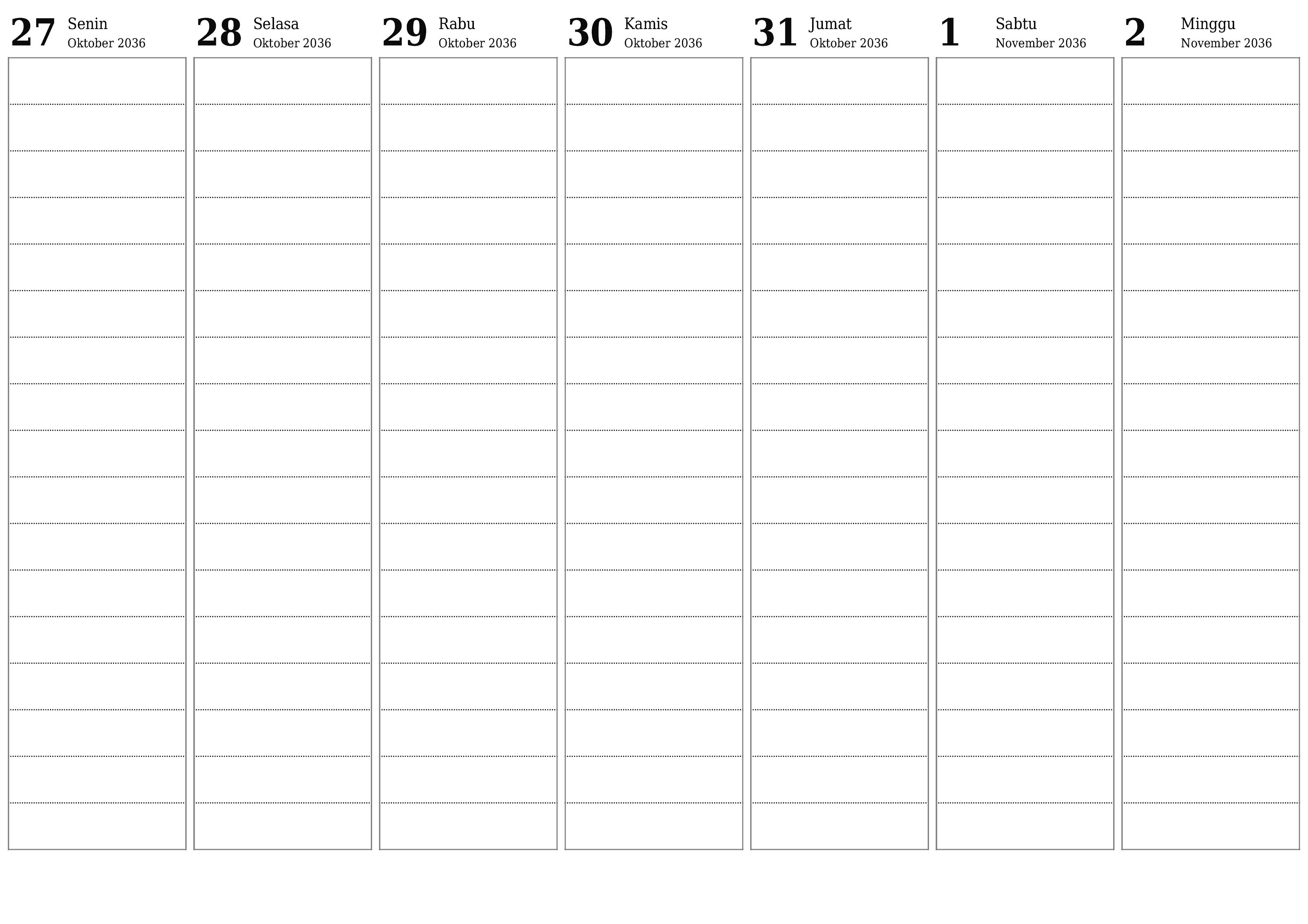 Kosongkan agenda mingguan untuk minggu November 2036 dengan catatan, simpan dan cetak ke PDF PNG Indonesian