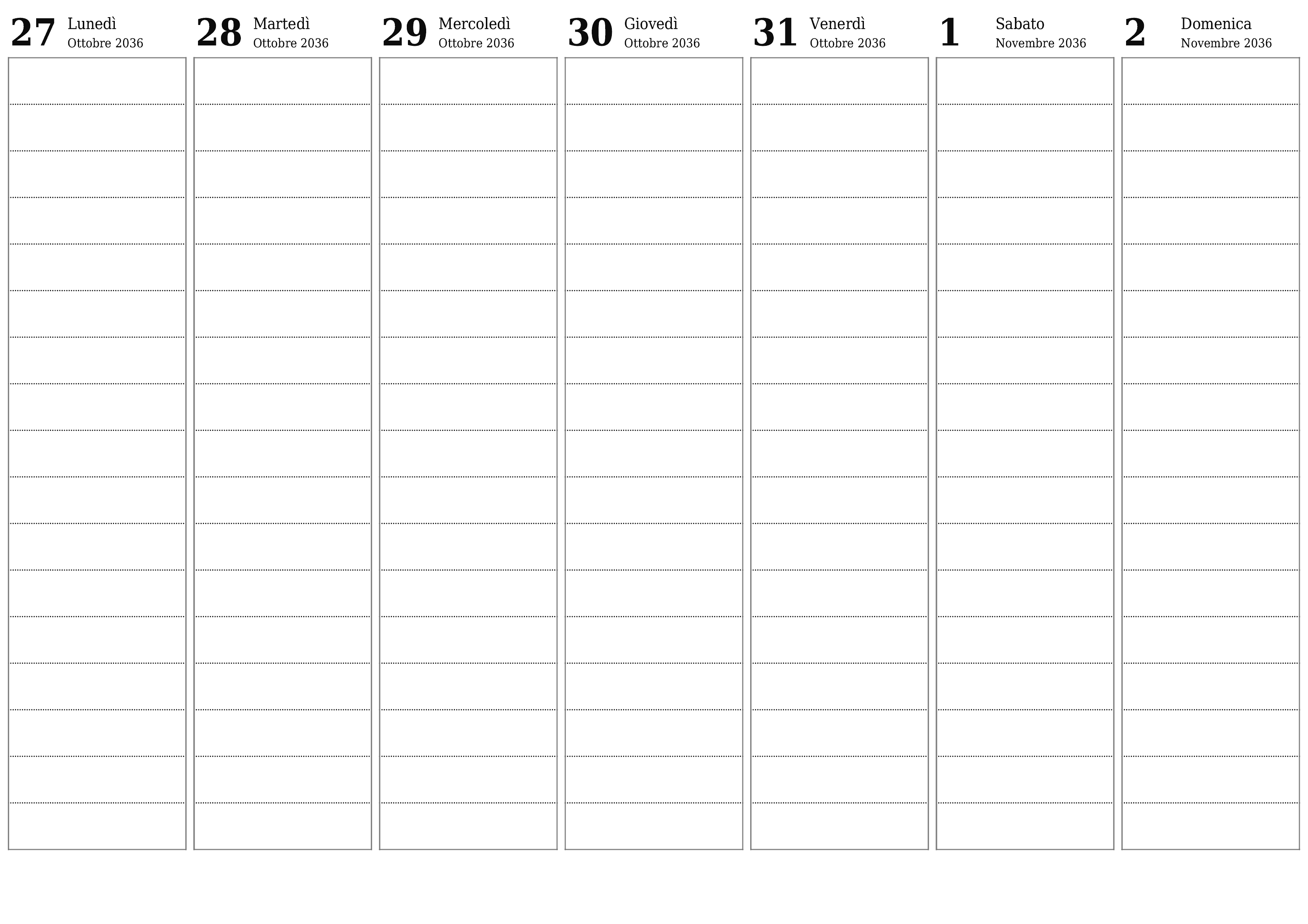 Agenda settimanale vuota per settimane Novembre 2036 con note, salva e stampa in PDF PNG Italian