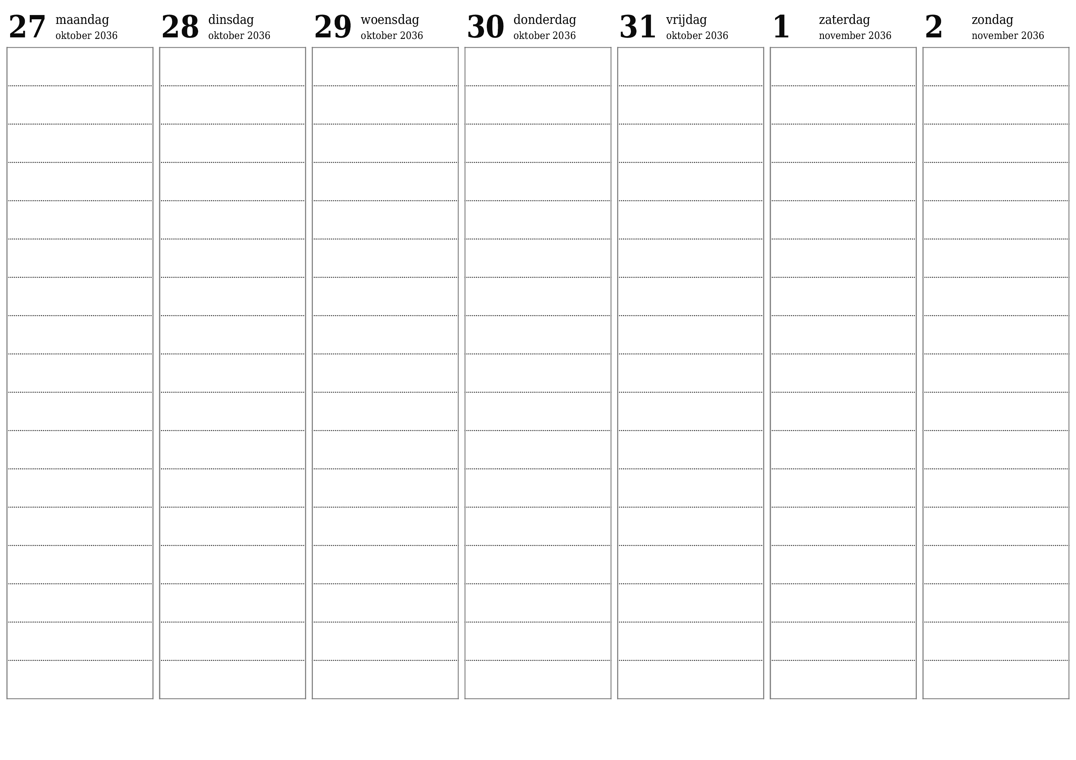 Lege weekplanner voor weken november 2036 met notities, opslaan en afdrukken naar pdf PNG Dutch