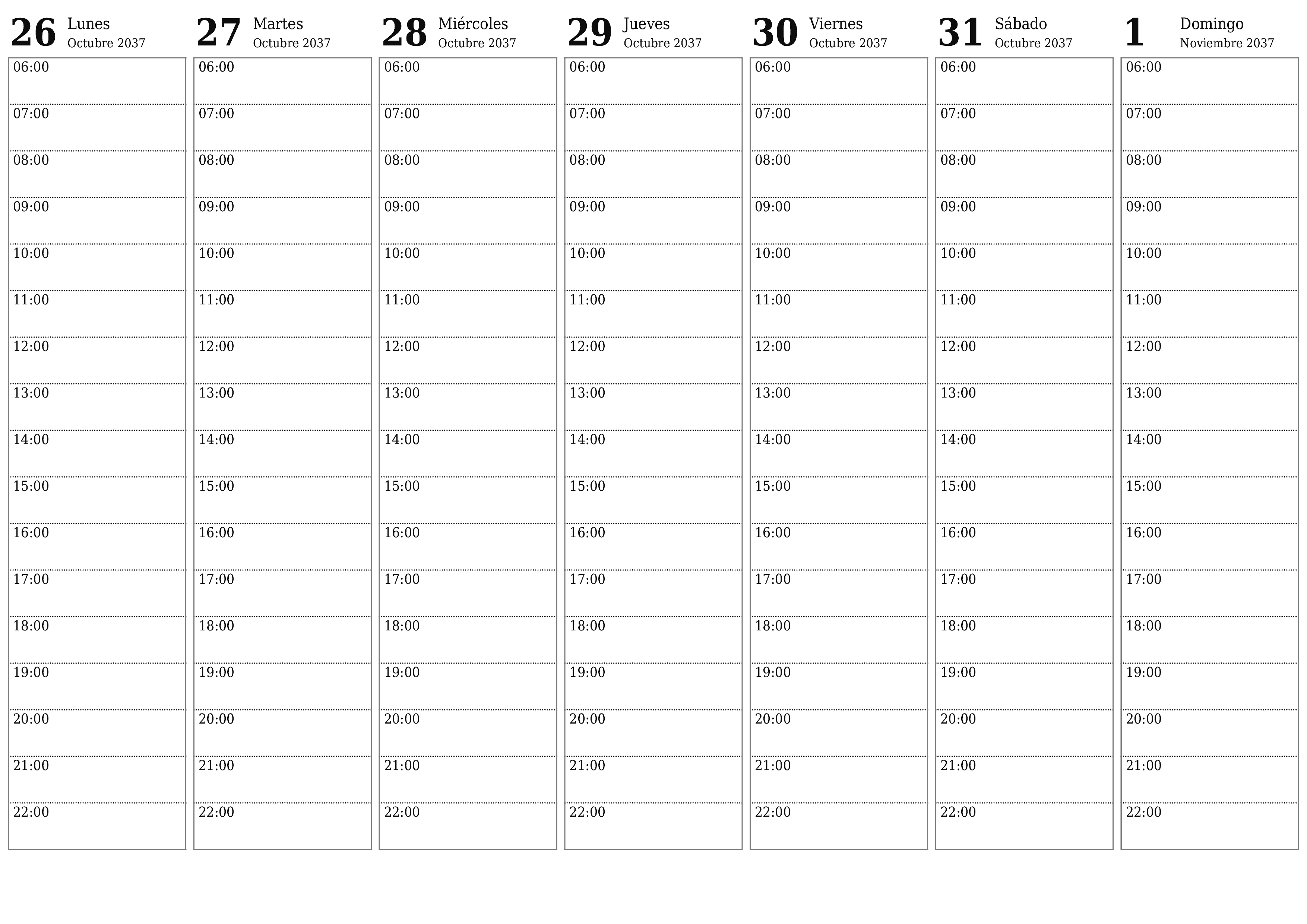 Planificador semanal vacío para semanas Noviembre 2037 con notas, guardar e imprimir en PDF PNG Spanish