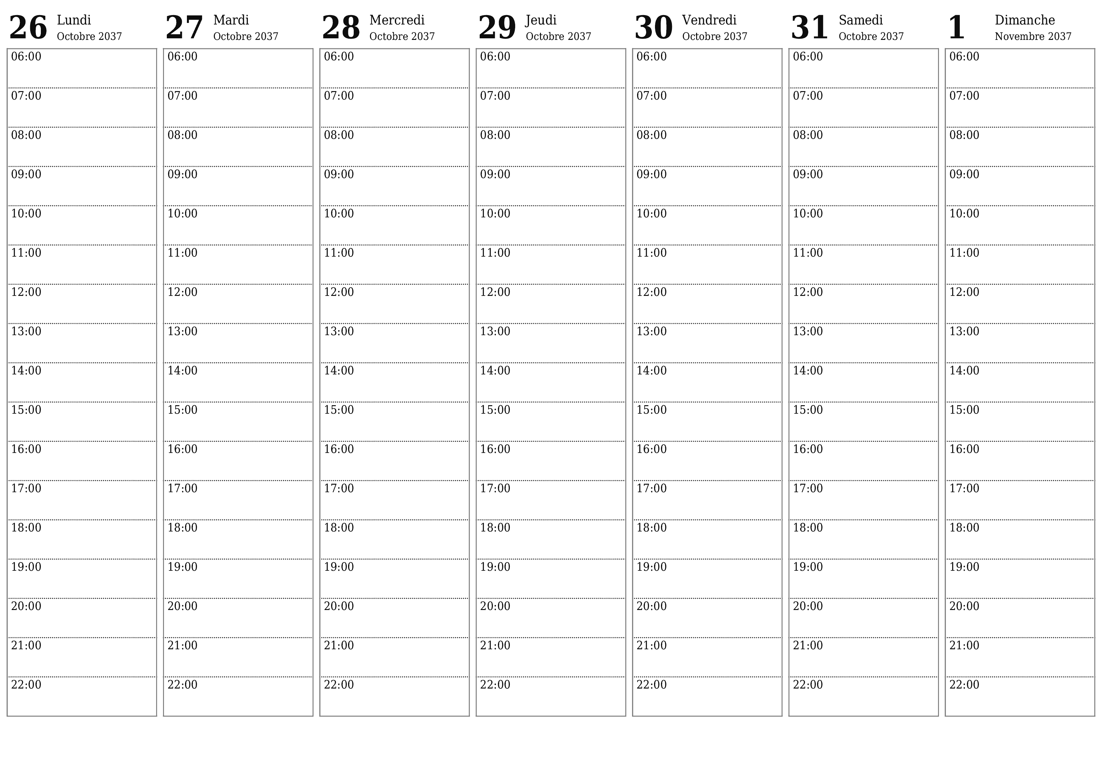 Agenda hebdomadaire vide pendant des semaines Novembre 2037 avec notes, enregistrez et imprimez au format PDF PNG French
