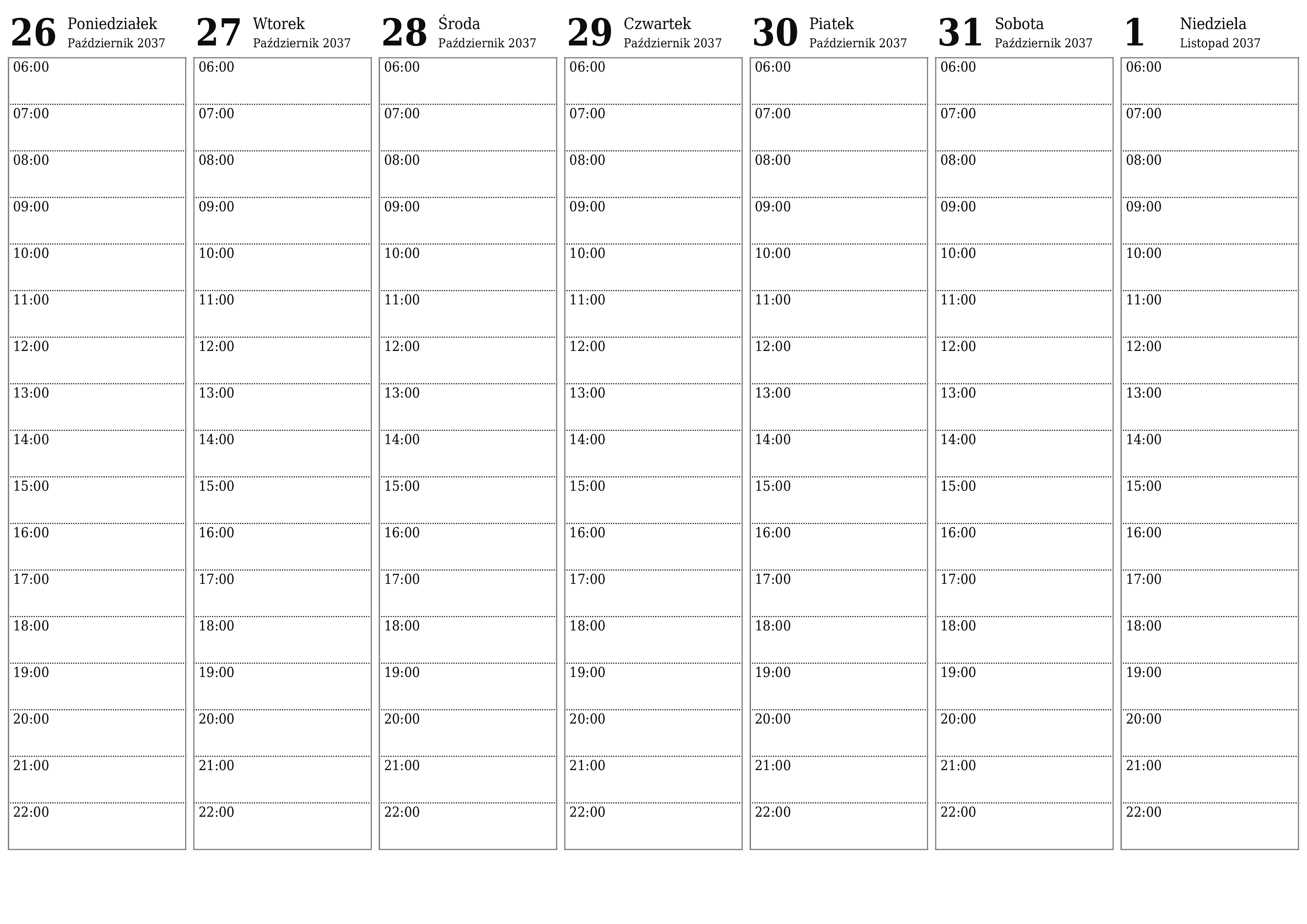 Opróżnij tygodniowy planer na tygodnie Listopad 2037 z notatkami, zapisz i wydrukuj w formacie PDF PNG Polish