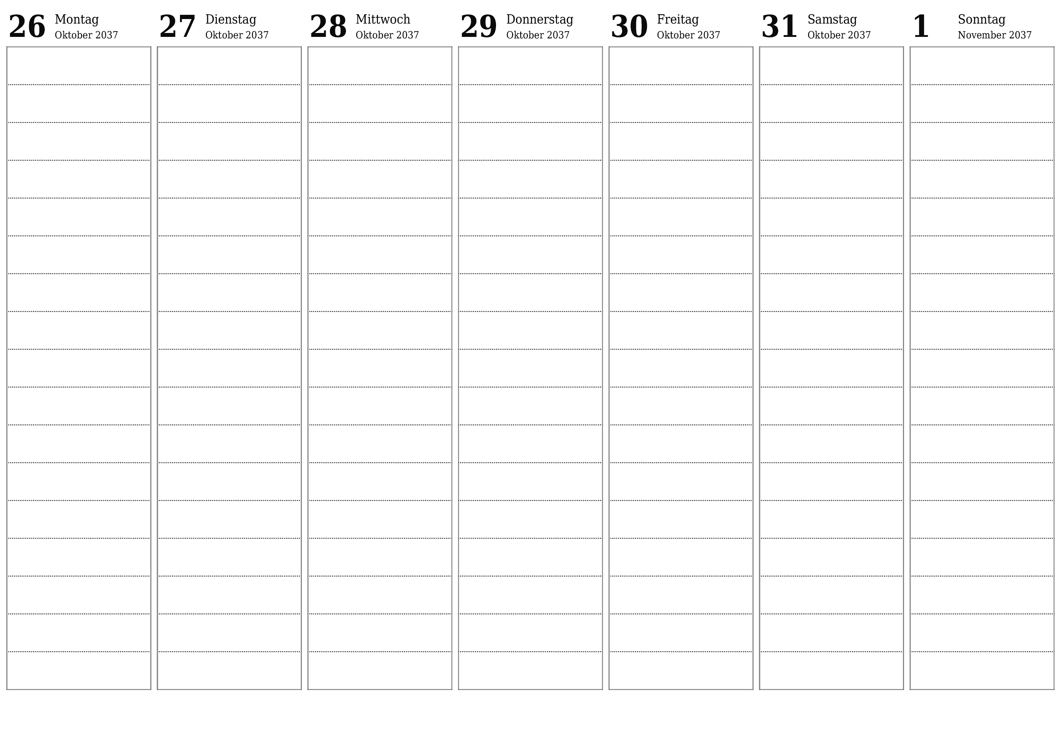 Wochenplaner für Wochen November 2037 mit Notizen leeren, speichern und als PDF drucken PNG German