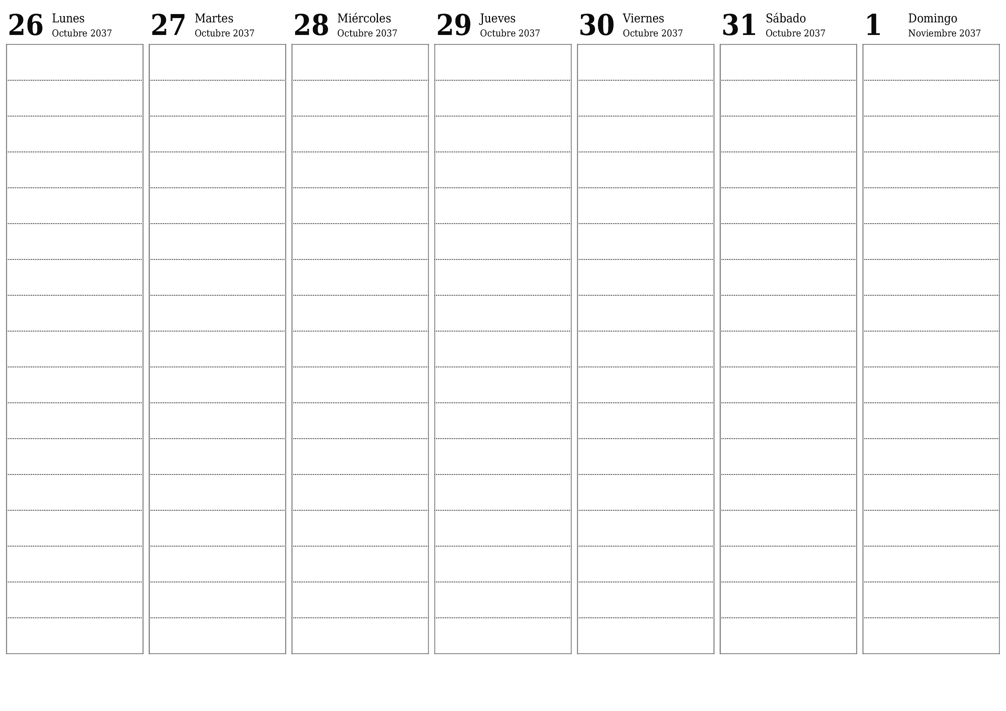 Planificador semanal vacío para semanas Noviembre 2037 con notas, guardar e imprimir en PDF PNG Spanish