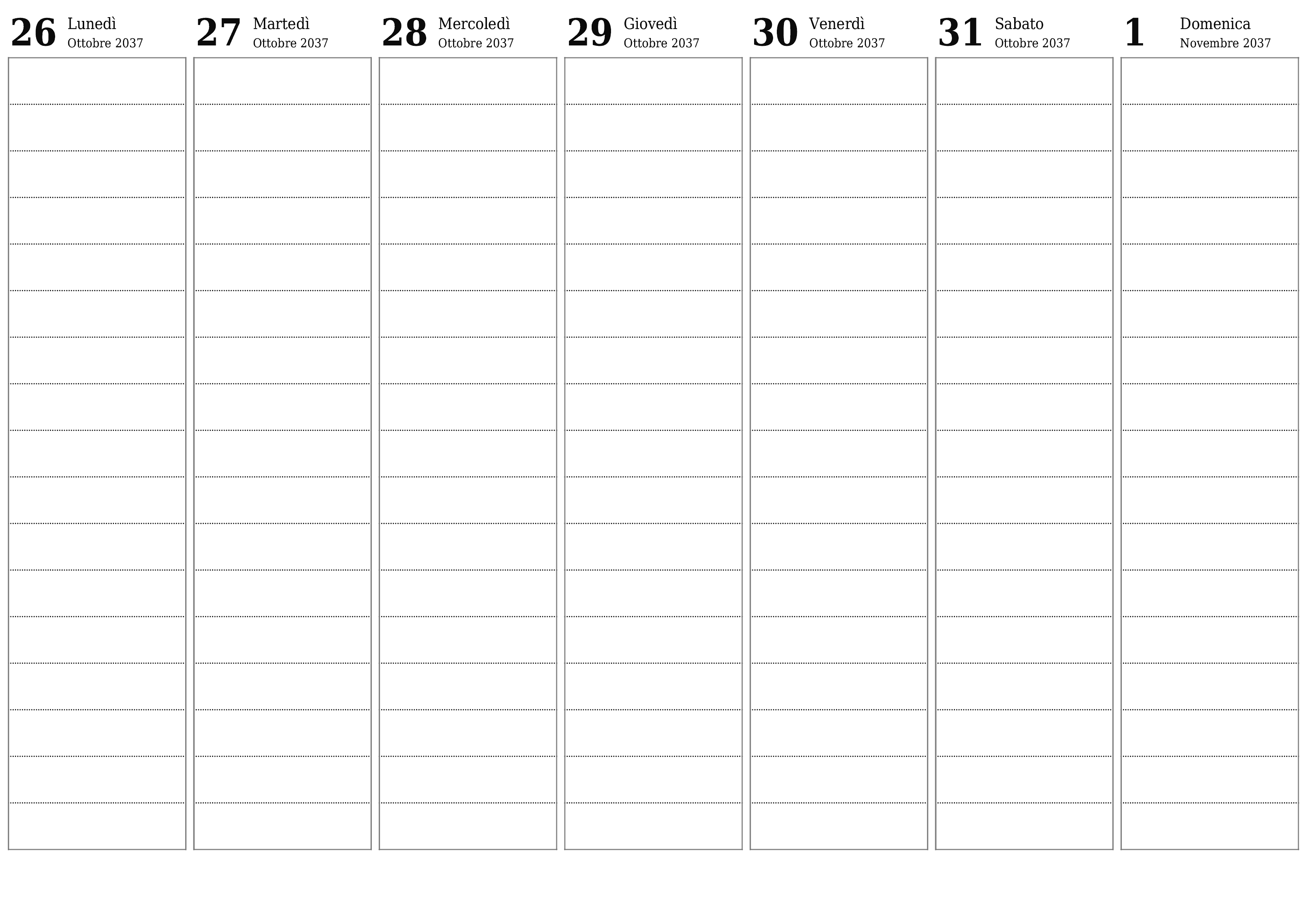 Agenda settimanale vuota per settimane Novembre 2037 con note, salva e stampa in PDF PNG Italian