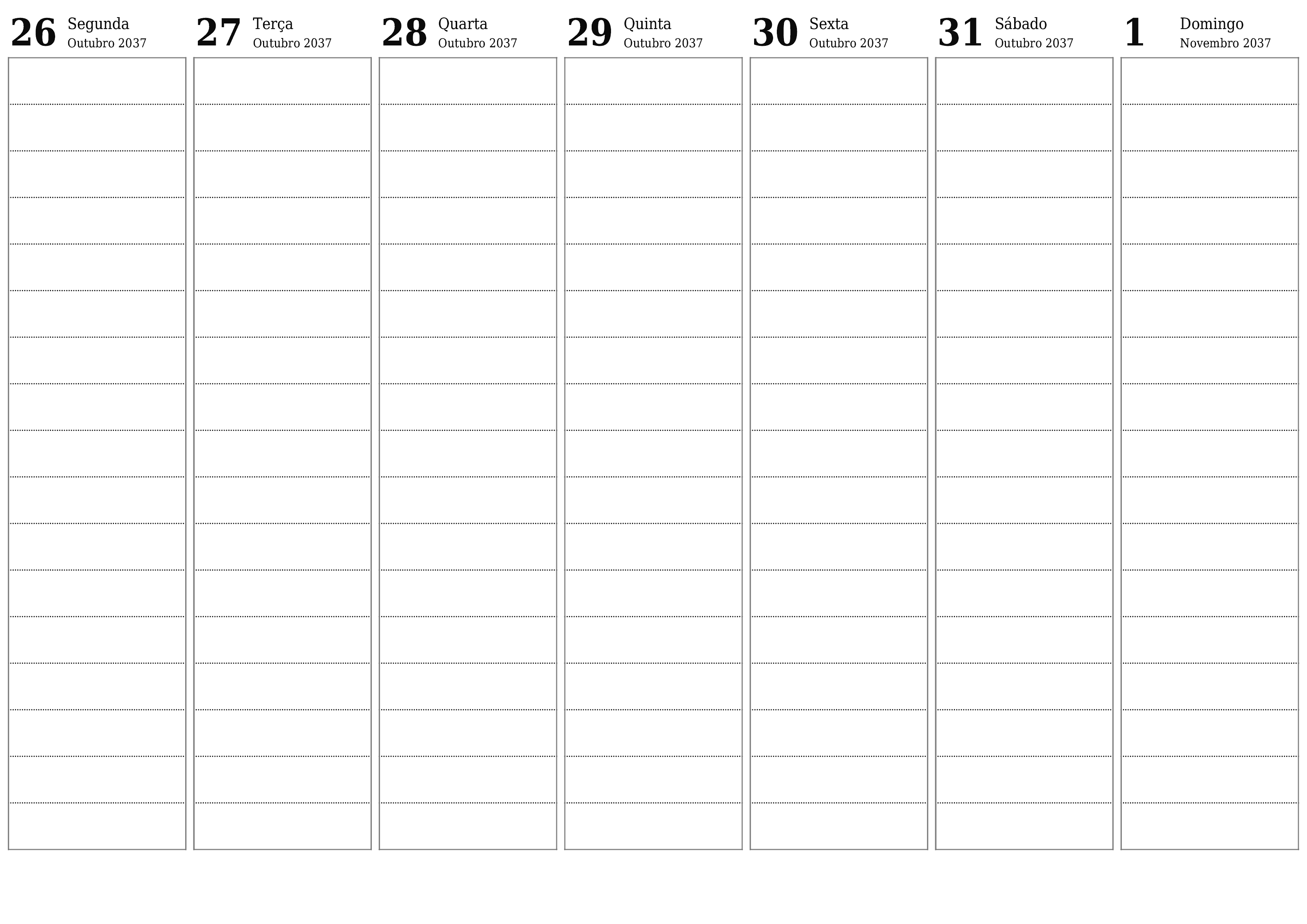 Esvazie o planejador semanal por semanas Novembro 2037 com notas, salve e imprima em PDF PNG Portuguese