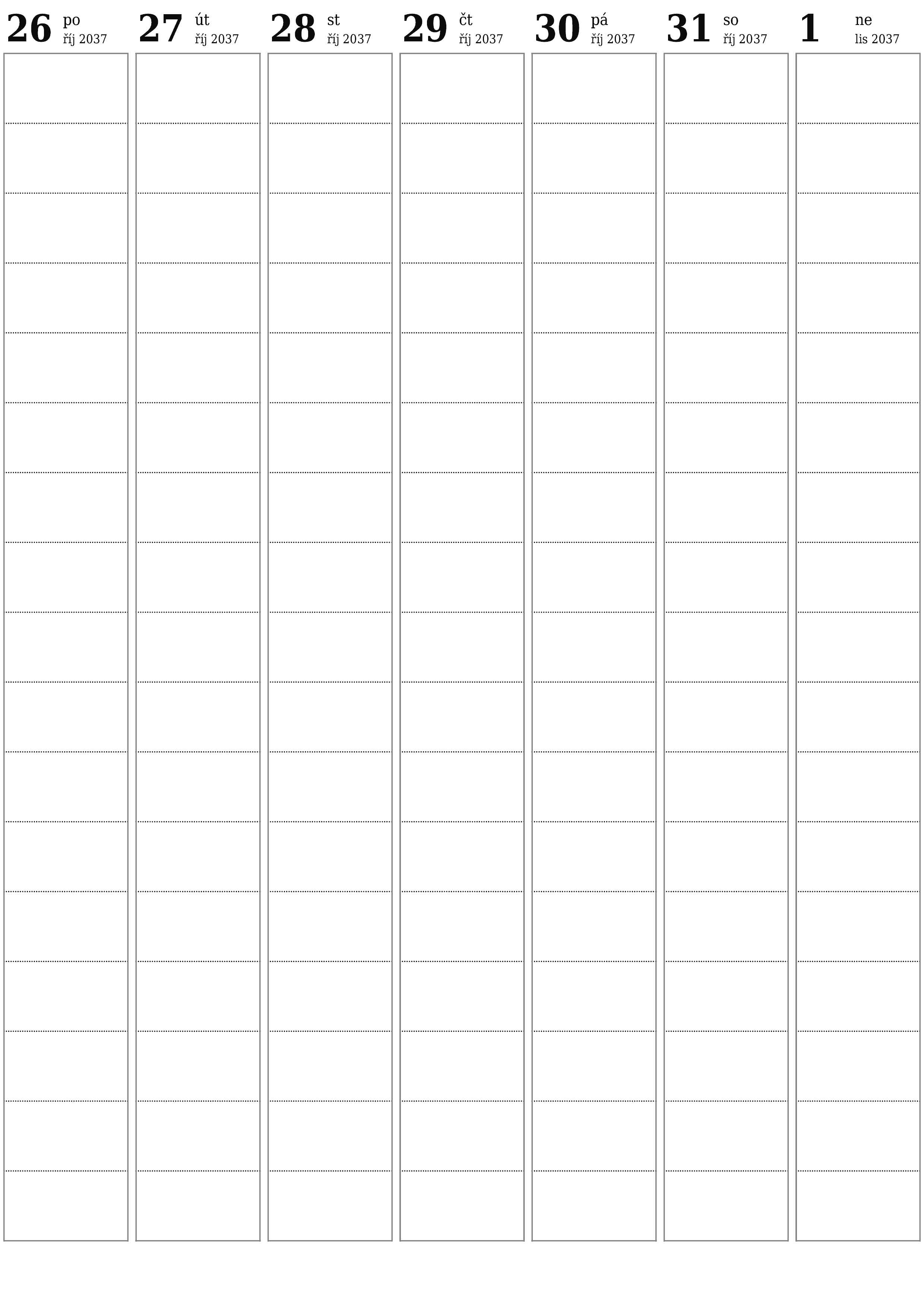 Prázdný týdenní plánovač na týdny listopad 2037 s poznámkami, uložením a tiskem do PDF PNG Czech