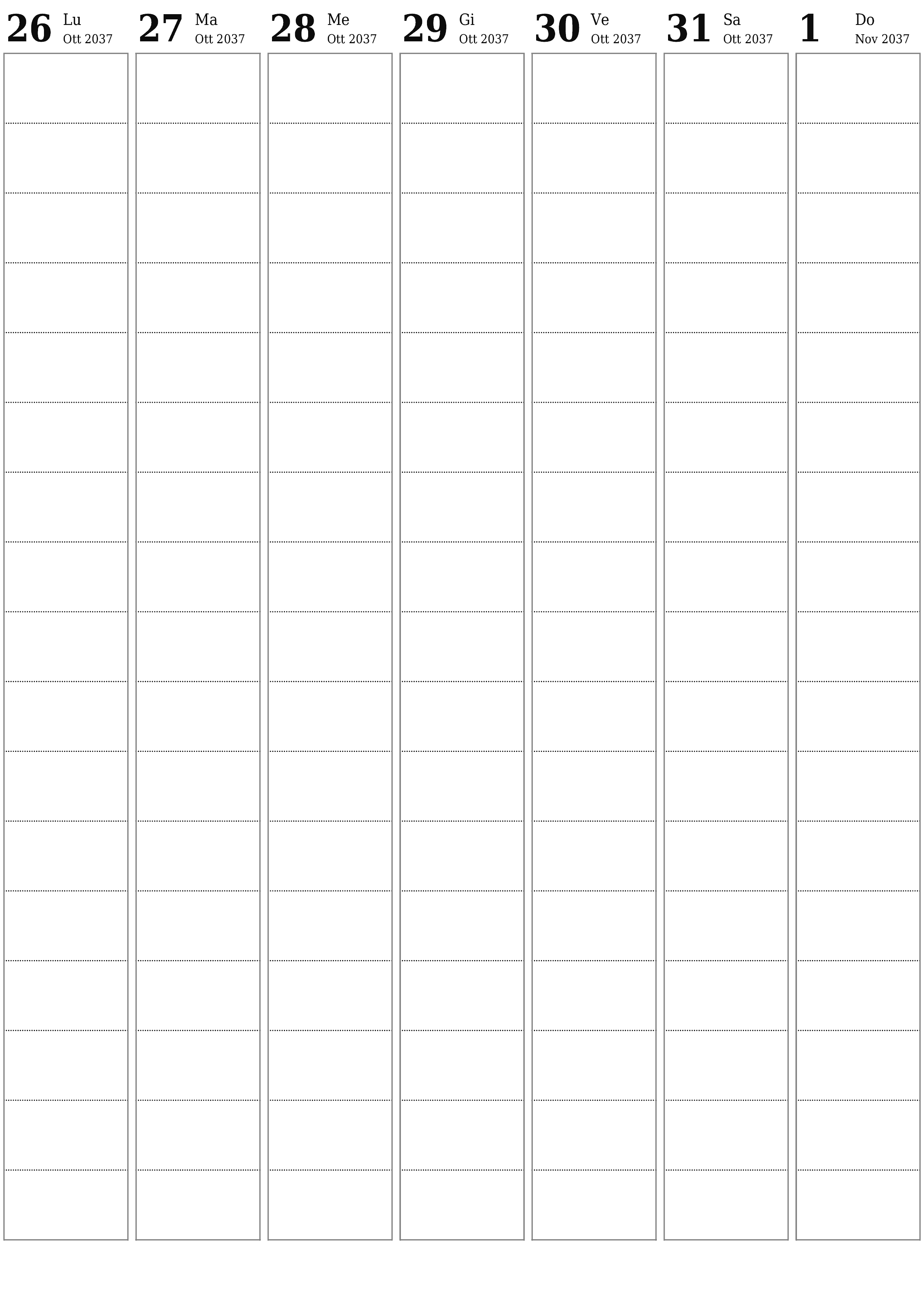 Agenda settimanale vuota per settimane Novembre 2037 con note, salva e stampa in PDF PNG Italian