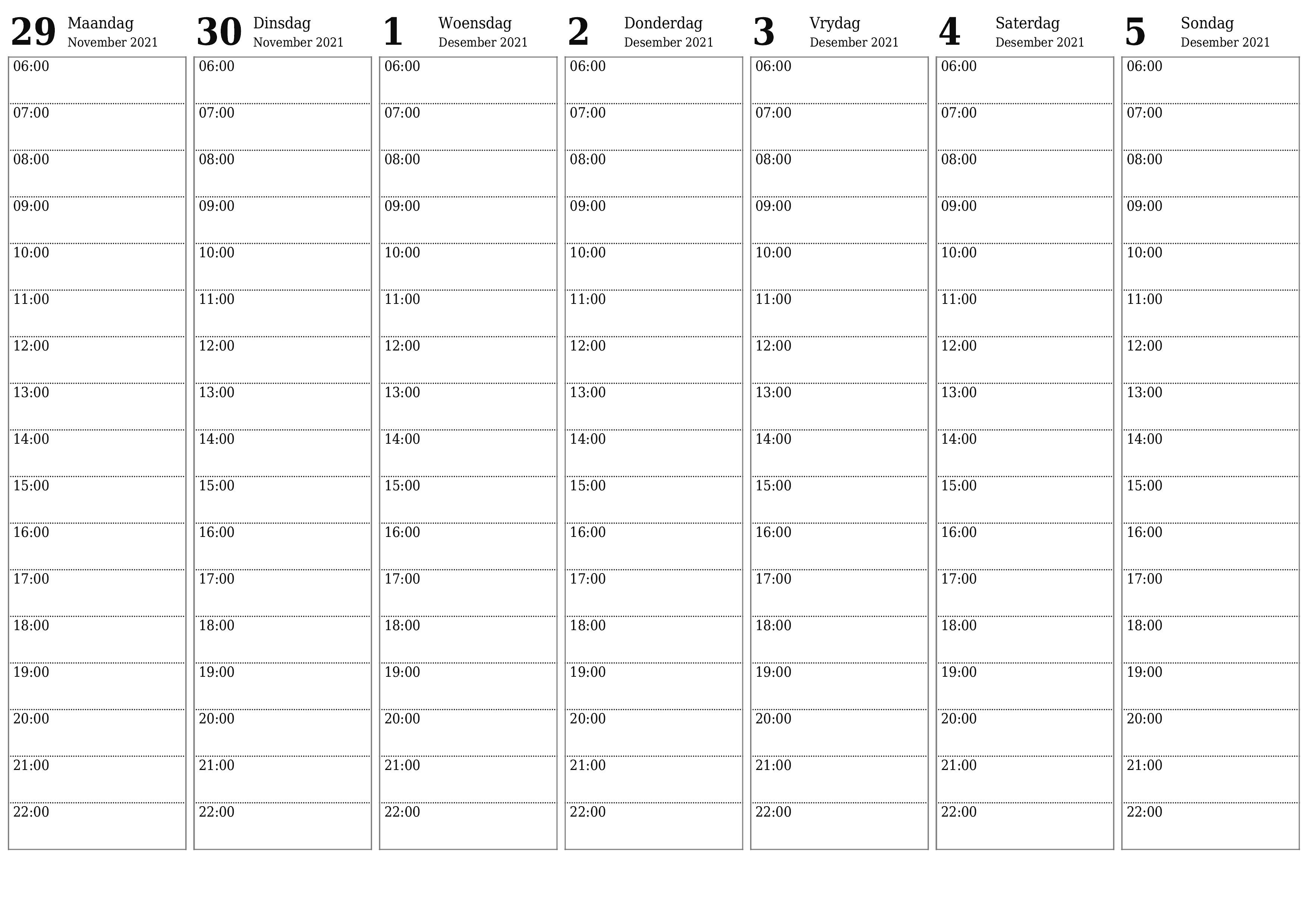 Leë weeklikse drukbare kalender en beplanner vir week Desember 2021 met notas, stoor en druk na PDF PNG Afrikaans