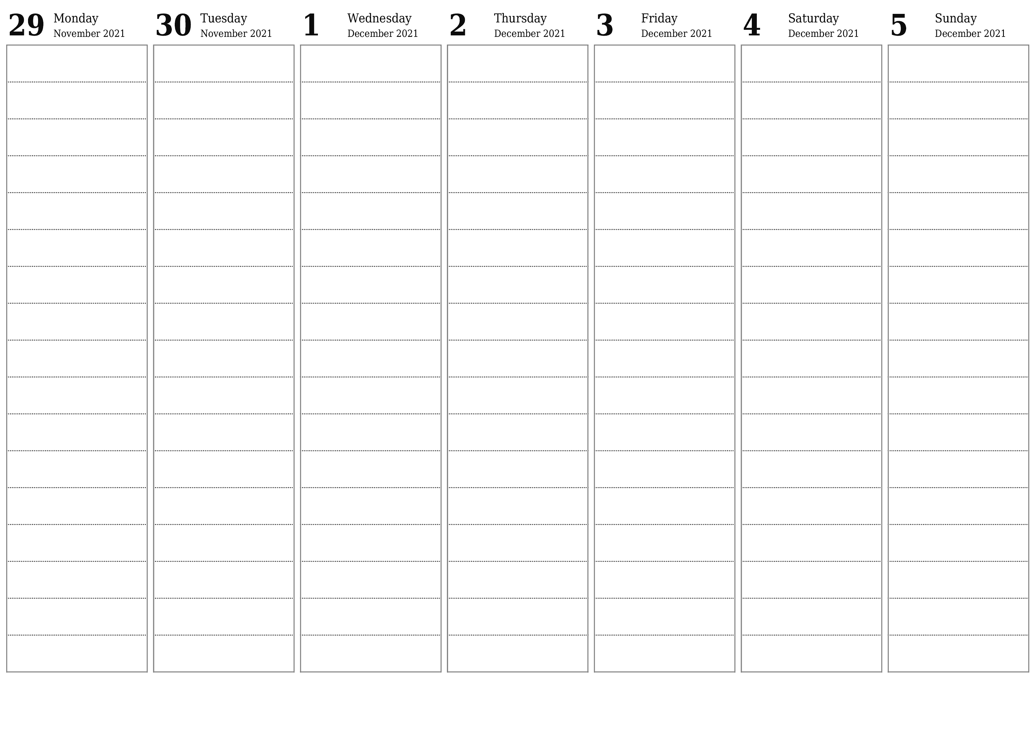 Blank weekly printable calendar and planner for week December 2021 with notes, save and print to PDF PNG English