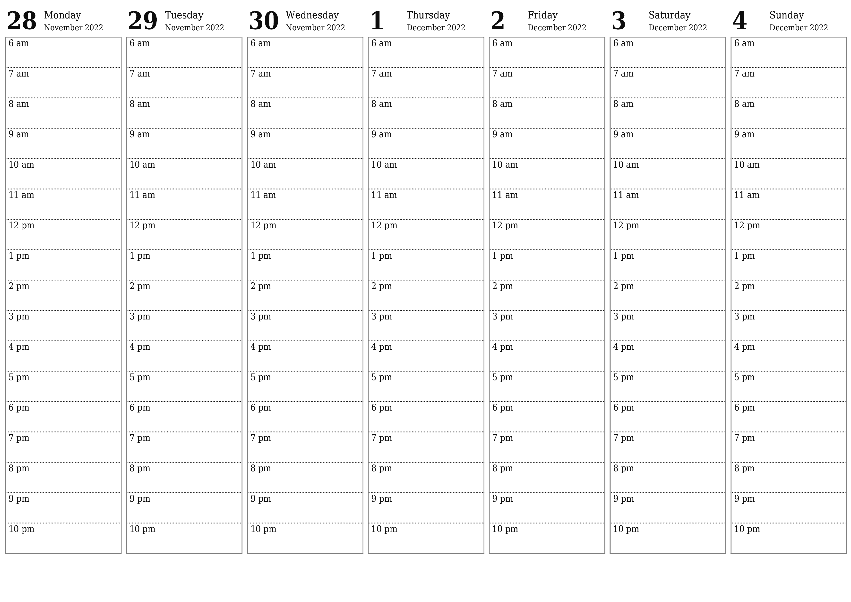 Blank weekly printable calendar and planner for week December 2022 with notes, save and print to PDF PNG English