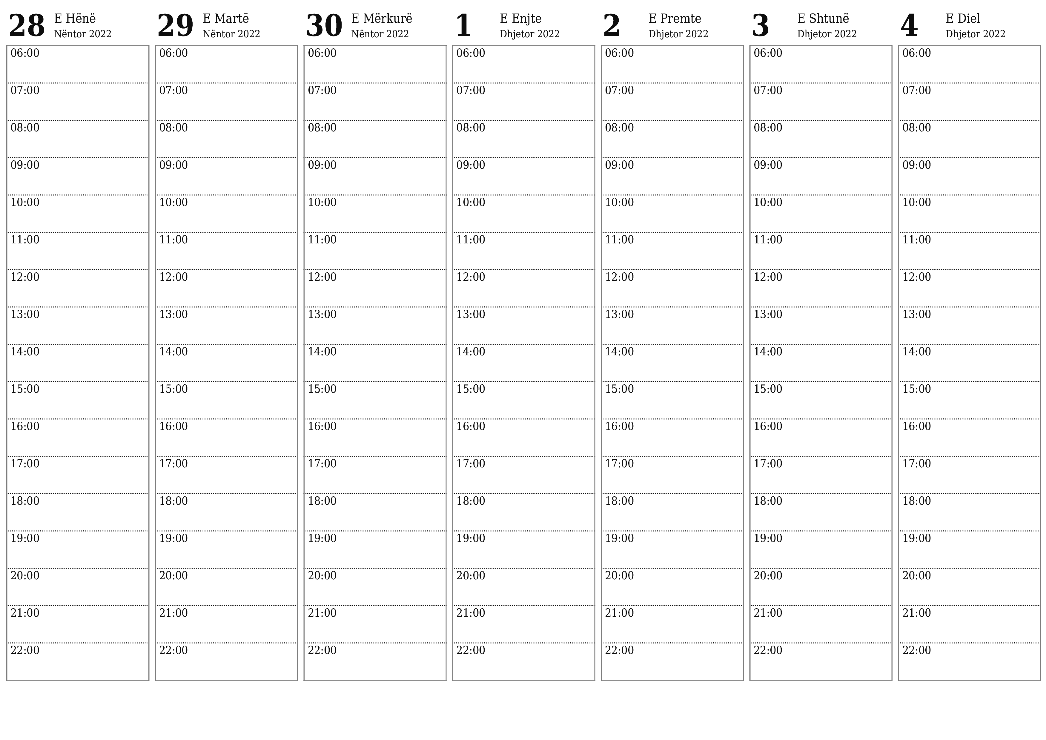 Planifikuesi bosh javor i kalendarit për javë Dhjetor 2022 me shënime, ruani dhe printoni në PDF PNG Albanian - 7calendar.com