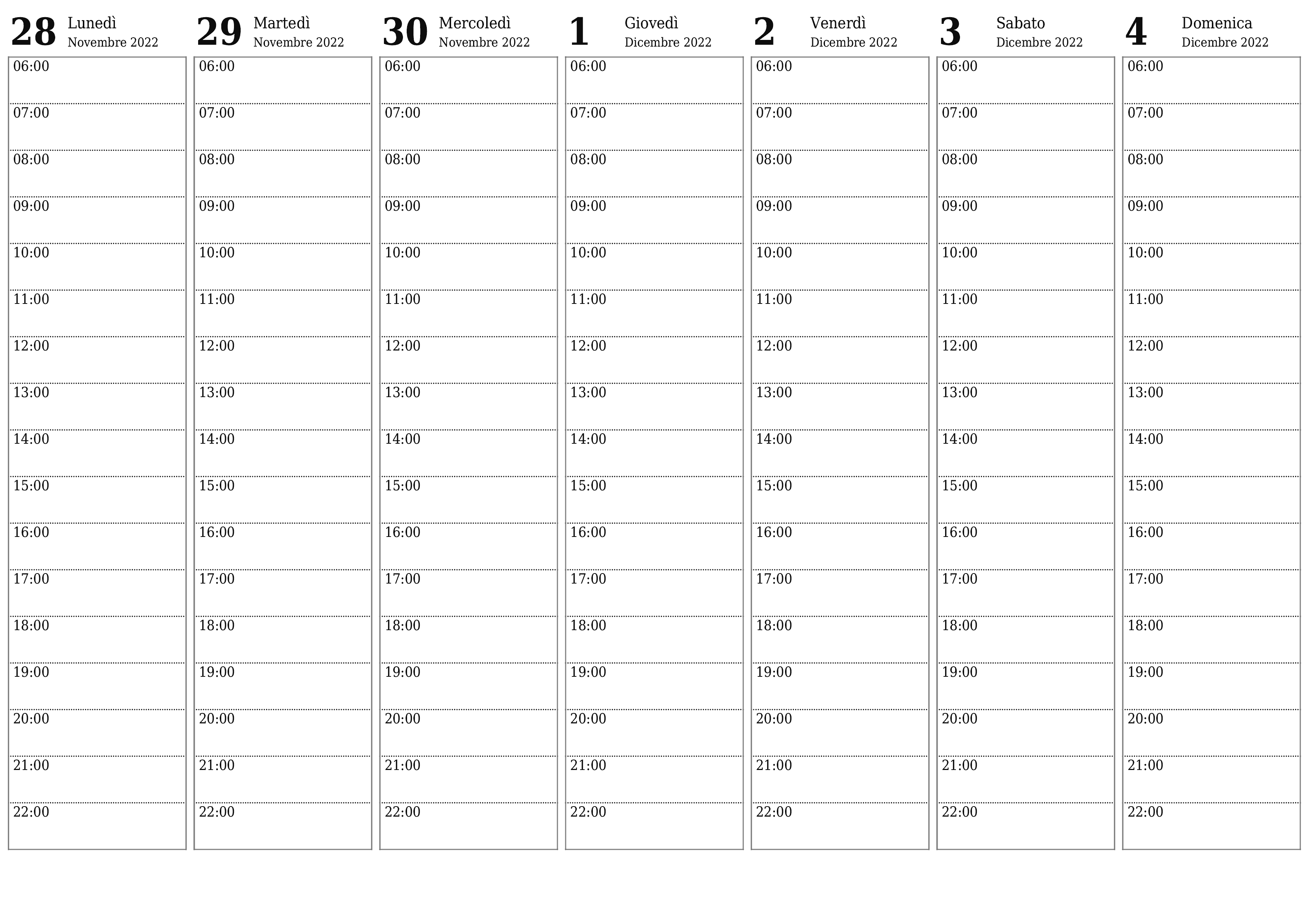 Calendario settimanale vuoto per la settimana Dicembre 2022 salva e stampa in PDF PNG Italian - 7calendar.com