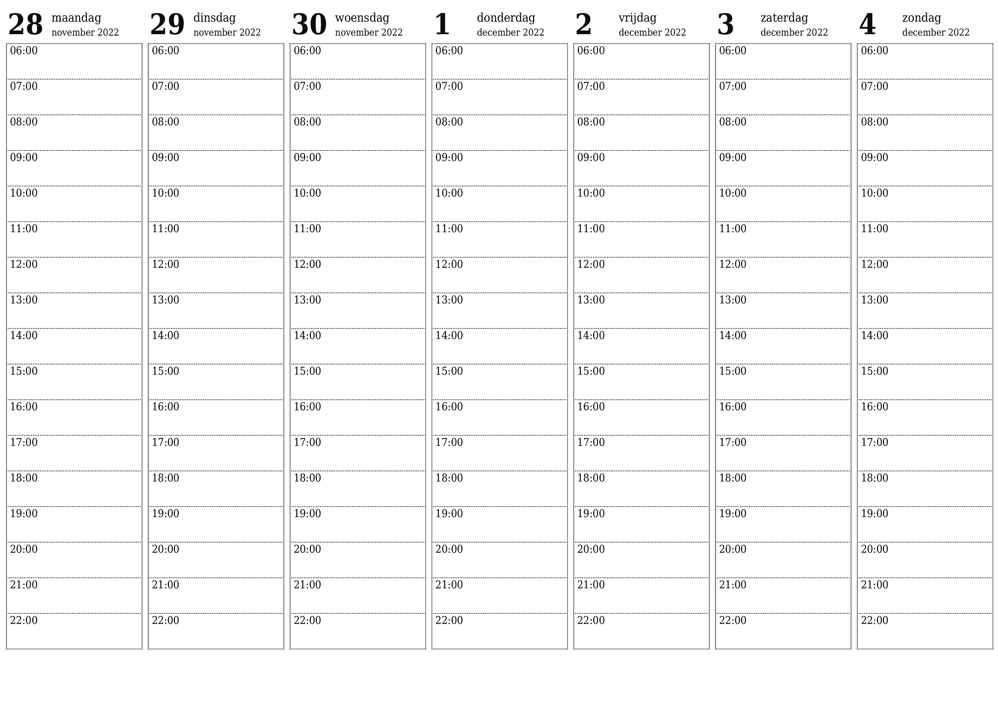 Lege weekplanner voor weken december 2022 met notities, opslaan en afdrukken naar pdf PNG Dutch - 7calendar.com
