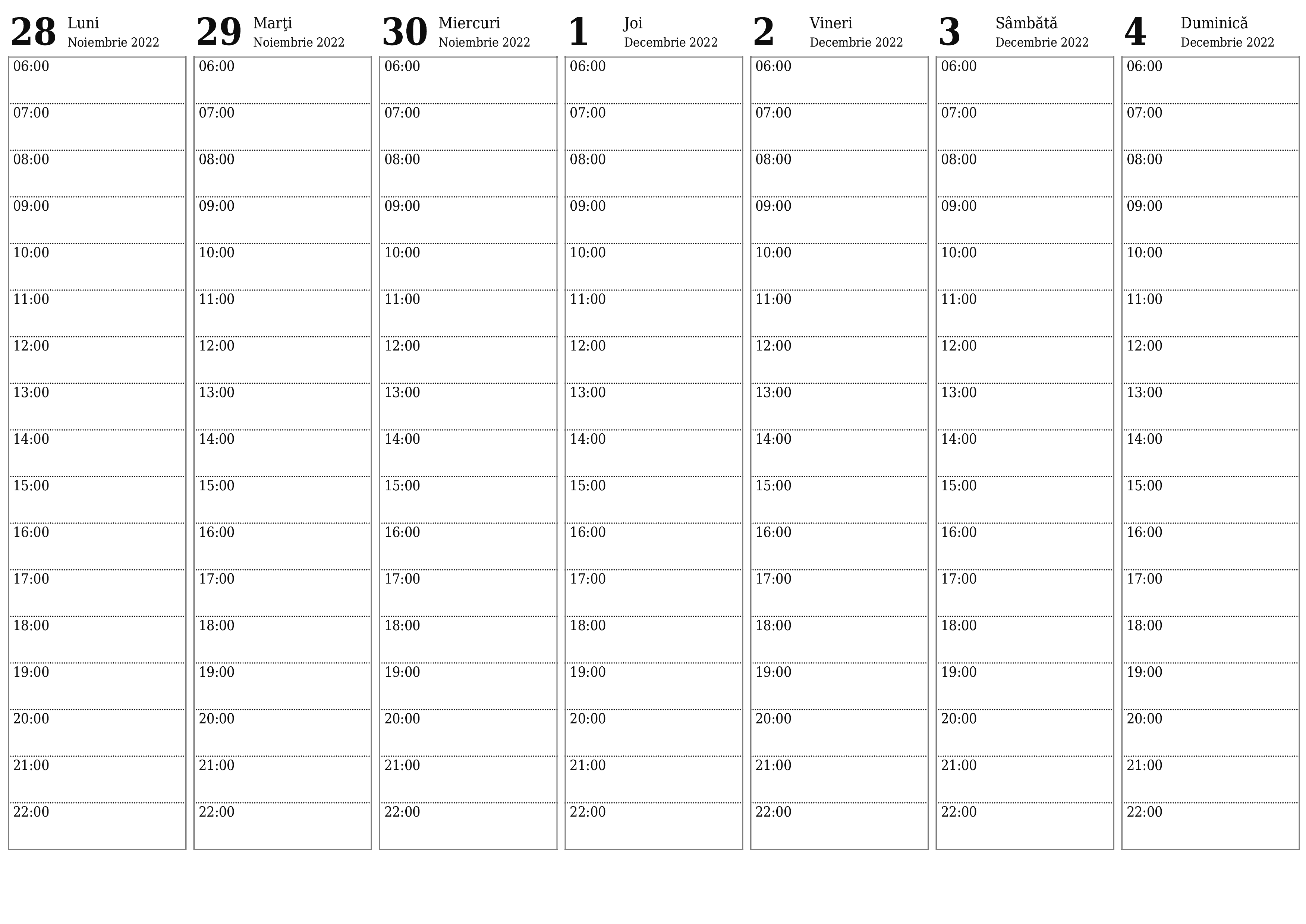 Planificator săptămânal gol pentru săptămâni Decembrie 2022 cu note, salvați și tipăriți în PDF PNG Romanian - 7calendar.com