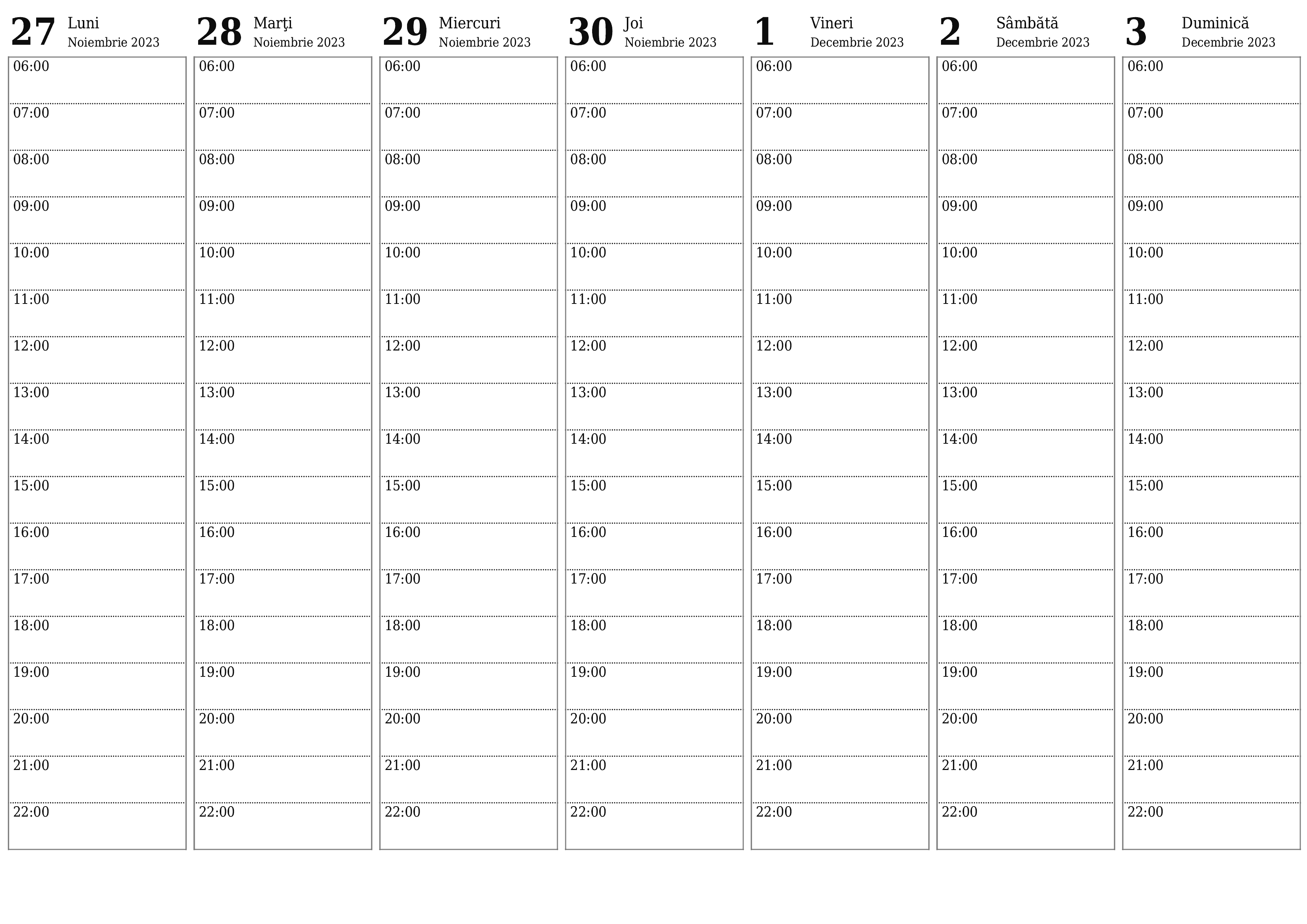 Planificator săptămânal gol pentru săptămâni Decembrie 2023 cu note, salvați și tipăriți în PDF PNG Romanian