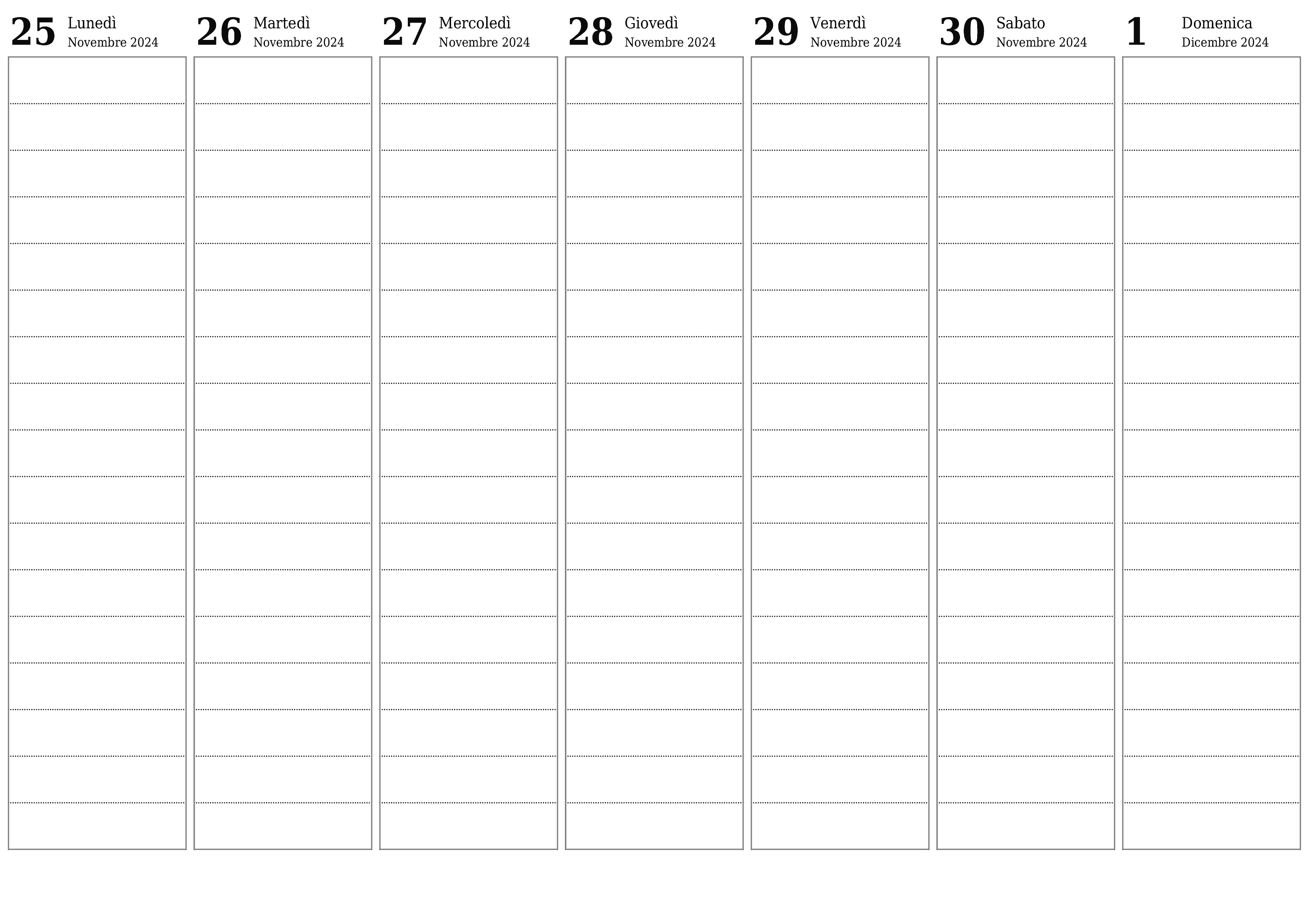  stampabile da parete modello di gratuitoorizzontale Settimanale pianificatore calendario Dicembre (Dic) 2024