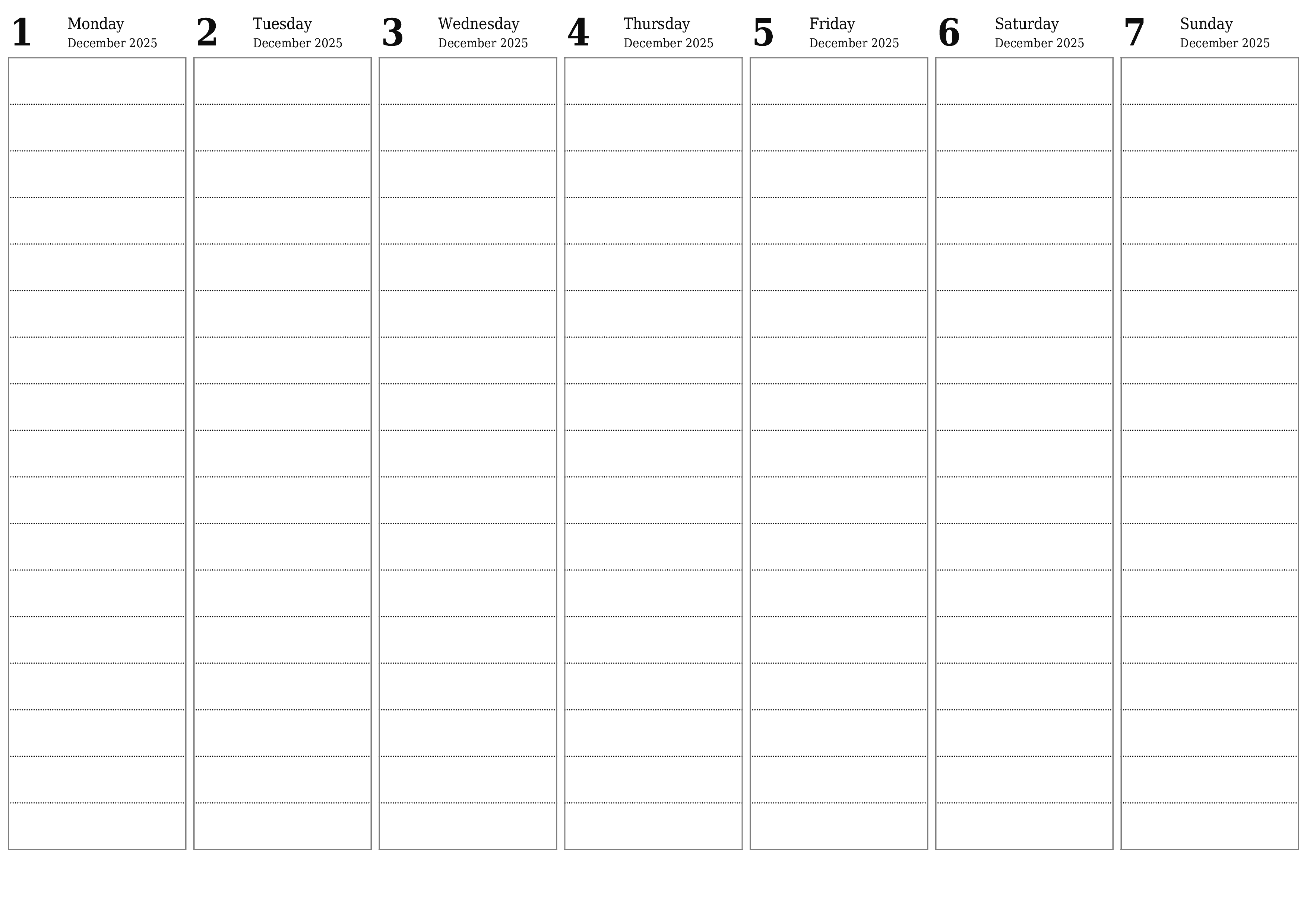 Blank weekly printable calendar and planner for week December 2025 with notes, save and print to PDF PNG English