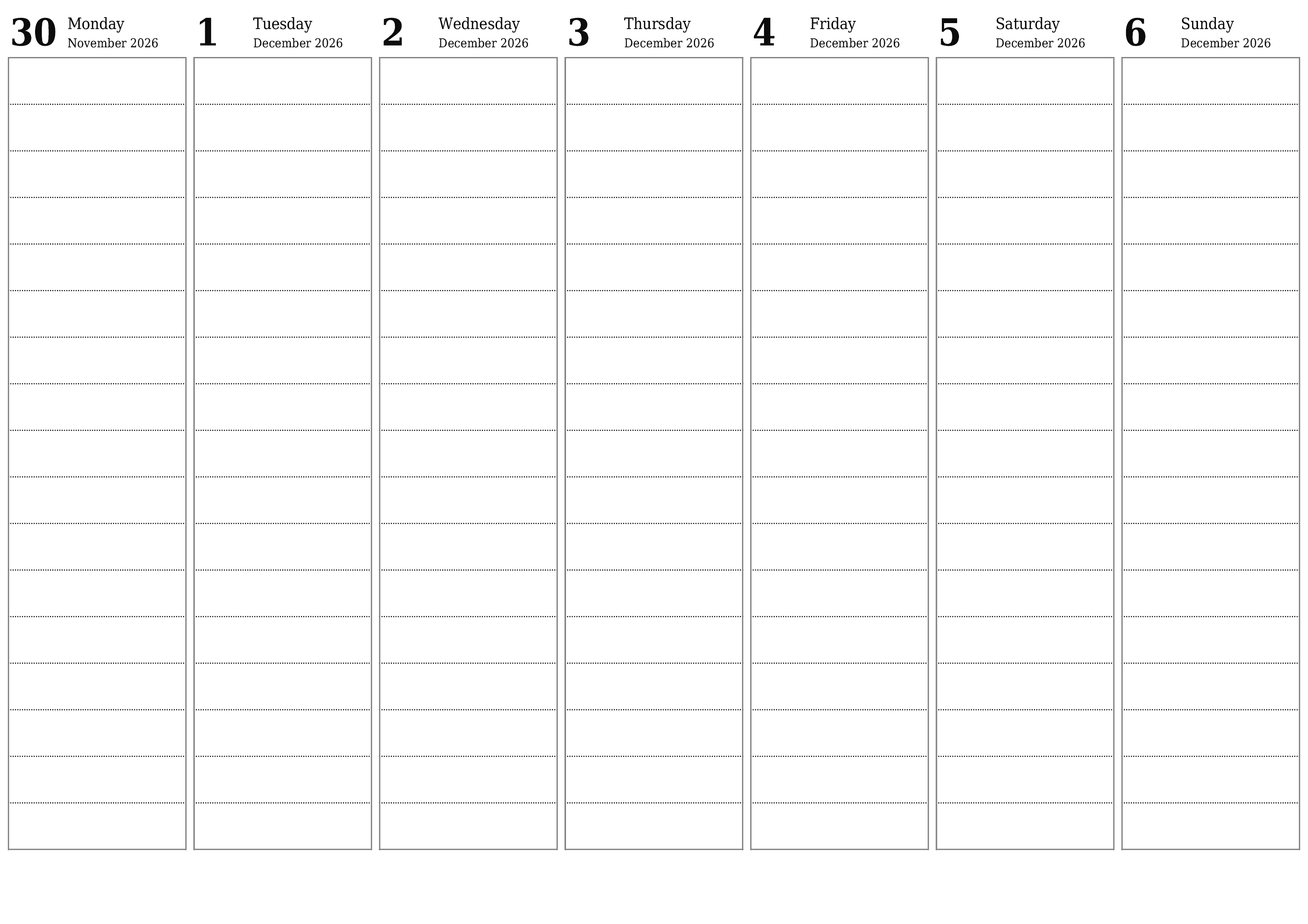 Blank weekly printable calendar and planner for week December 2026 with notes, save and print to PDF PNG English