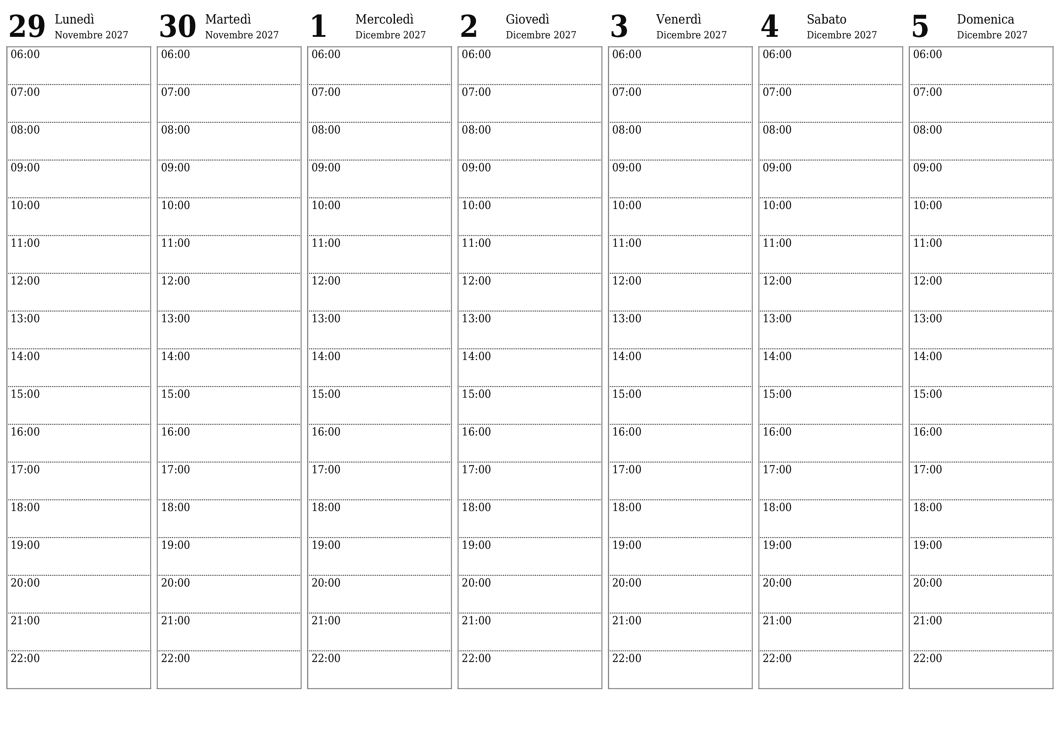 Agenda settimanale vuota per settimane Dicembre 2027 con note, salva e stampa in PDF PNG Italian