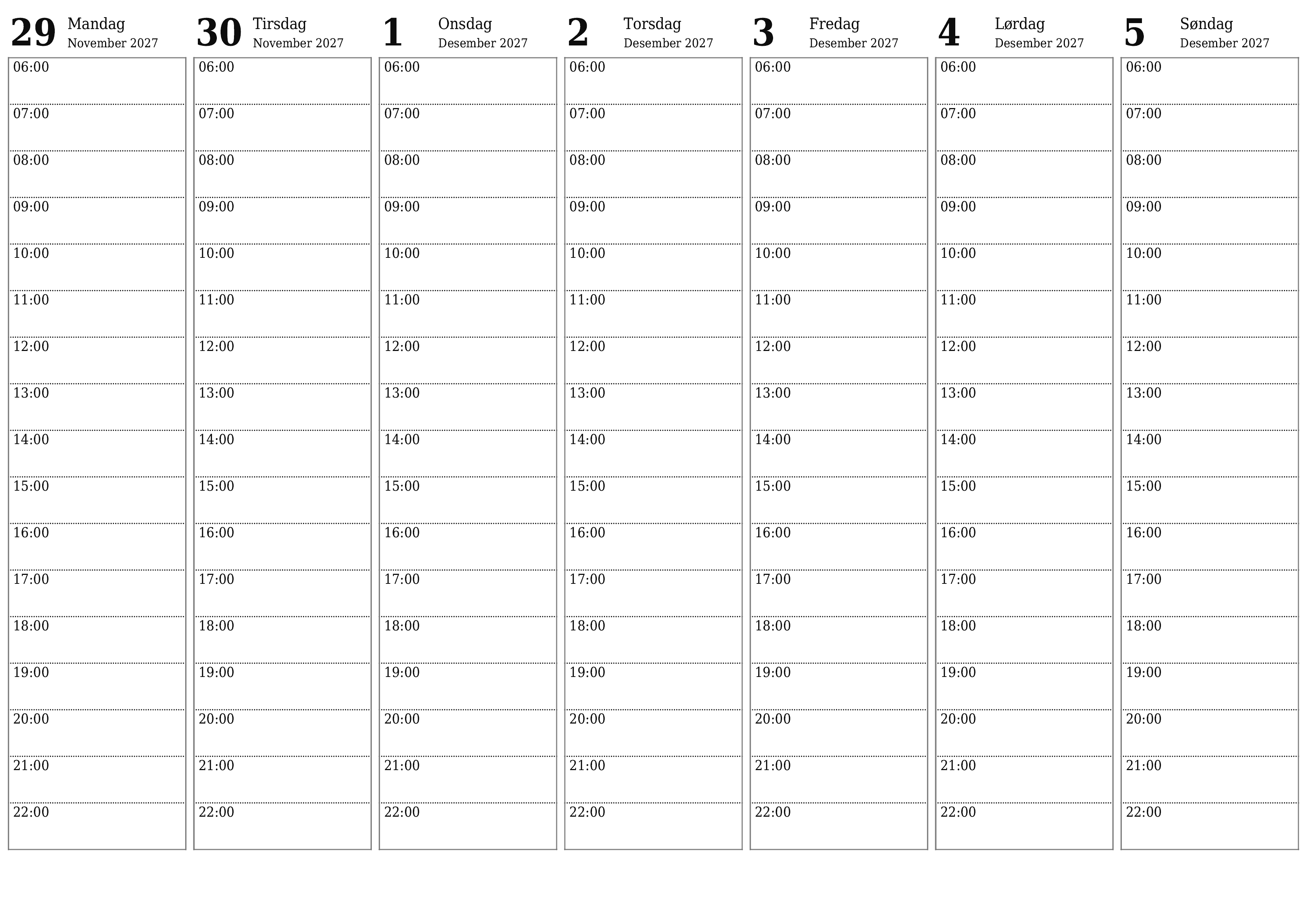 Tøm ukentlig planlegger i uker Desember 2027 med notater, lagre og skriv ut i PDF PNG Norwegian