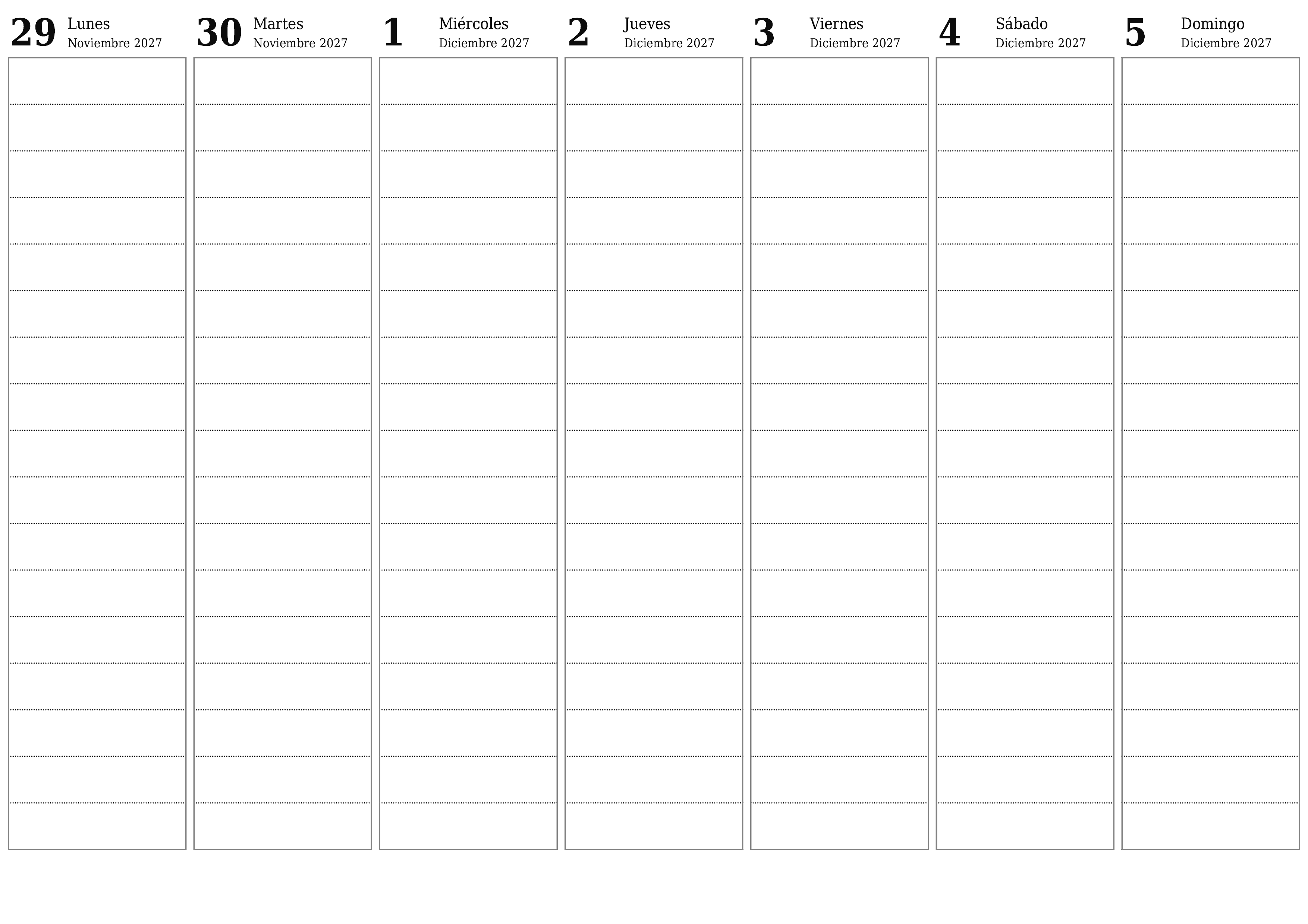 Planificador semanal vacío para semanas Diciembre 2027 con notas, guardar e imprimir en PDF PNG Spanish