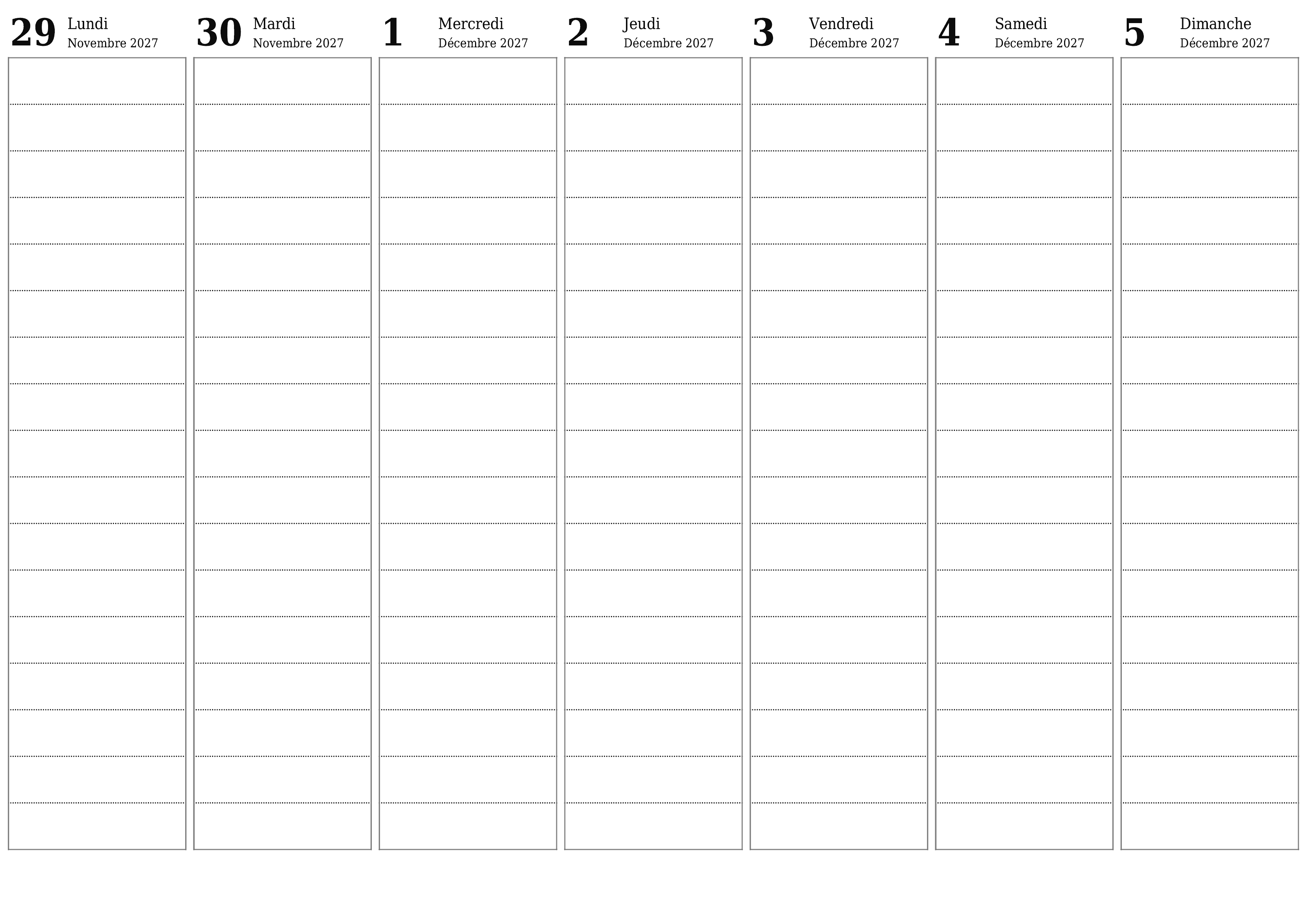 Agenda hebdomadaire vide pendant des semaines Décembre 2027 avec notes, enregistrez et imprimez au format PDF PNG French