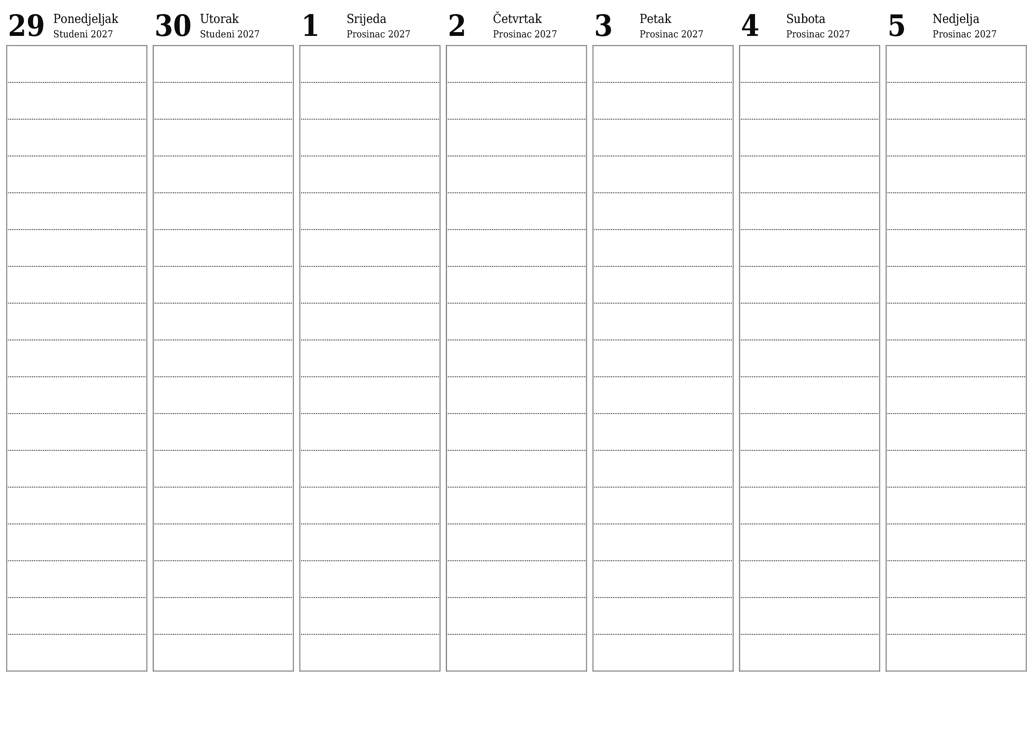 Ispraznite tjedni planer za tjedne Prosinac 2027 s bilješkama, spremite i ispišite u PDF PNG Croatian