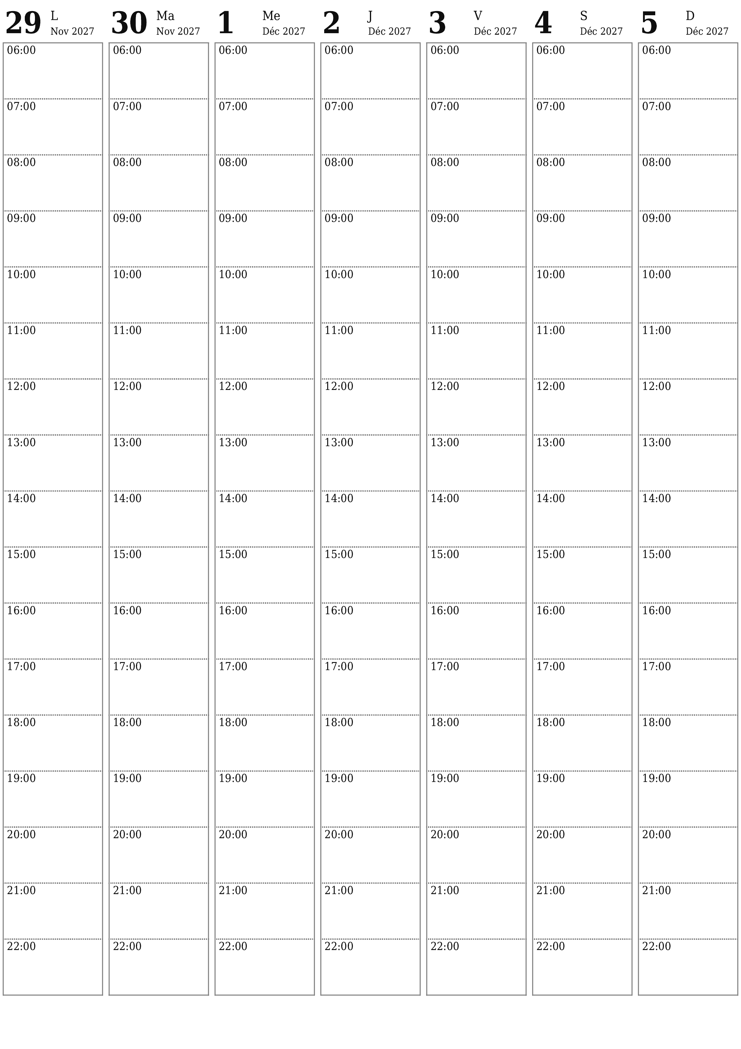 Agenda hebdomadaire vide pendant des semaines Décembre 2027 avec notes, enregistrez et imprimez au format PDF PNG French