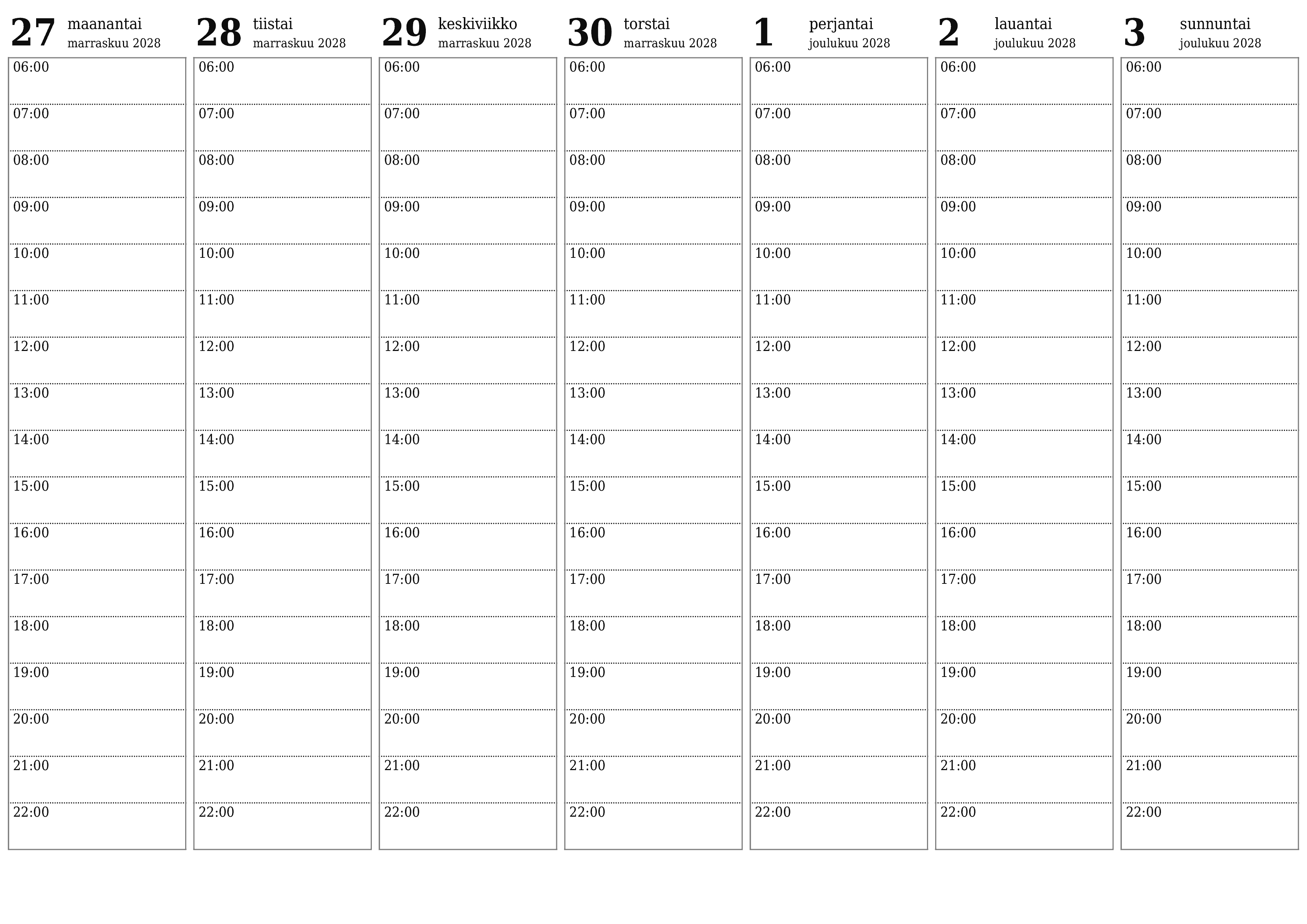 Tyhjennä viikkosuunnittelija viikkojen ajan Joulukuu 2028 muistiinpanoilla, tallenna ja tulosta PDF-muotoon PNG Finnish