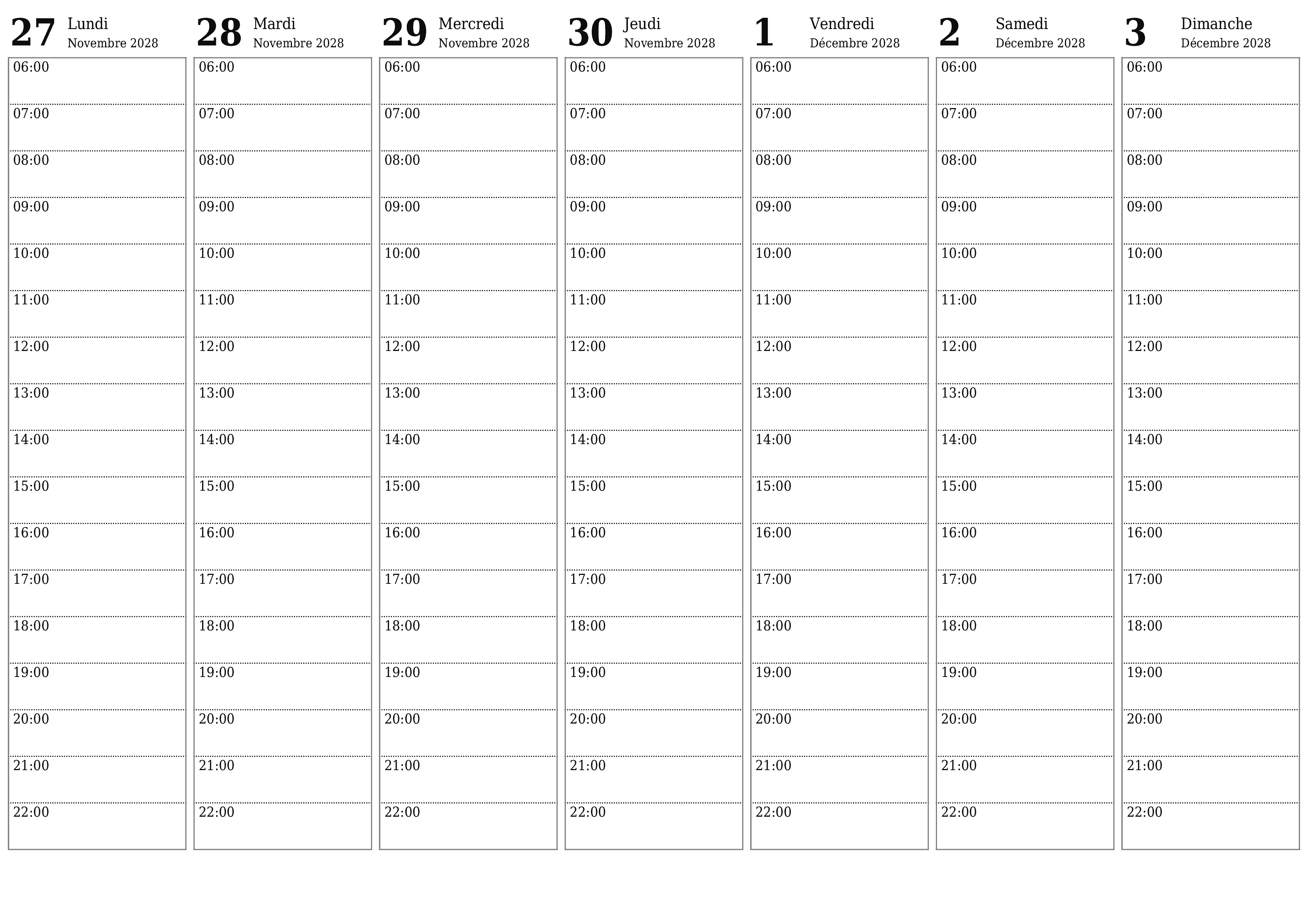Agenda hebdomadaire vide pendant des semaines Décembre 2028 avec notes, enregistrez et imprimez au format PDF PNG French