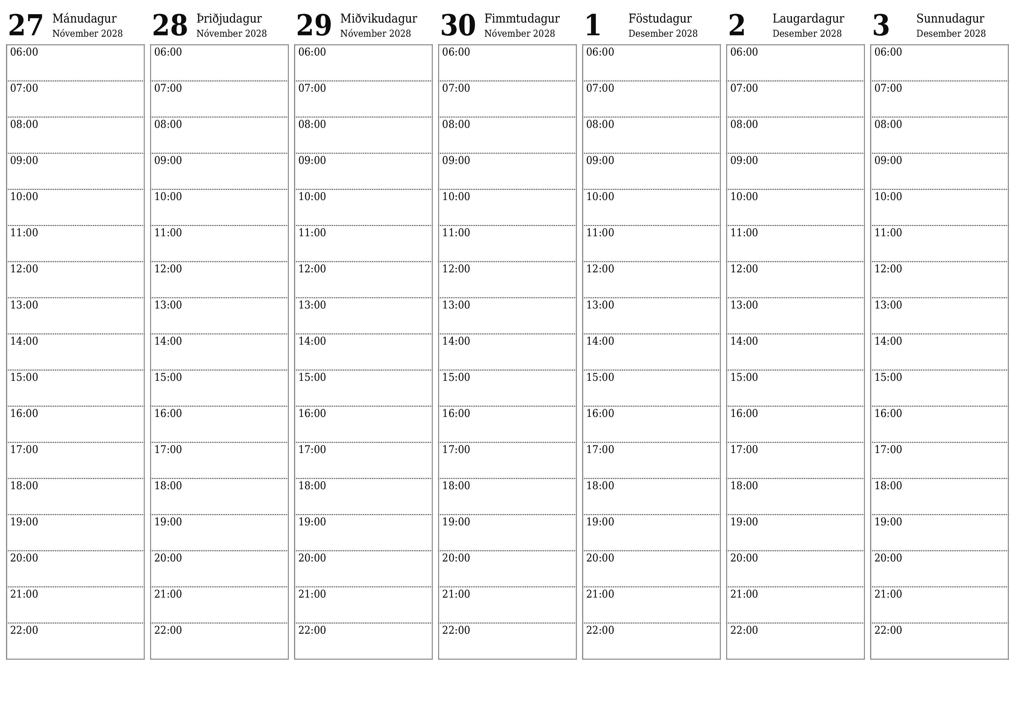 Tómur vikulegur skipuleggjandi vikum saman Desember 2028 með athugasemdum, vistaðu og prentaðu á PDF PNG Icelandic