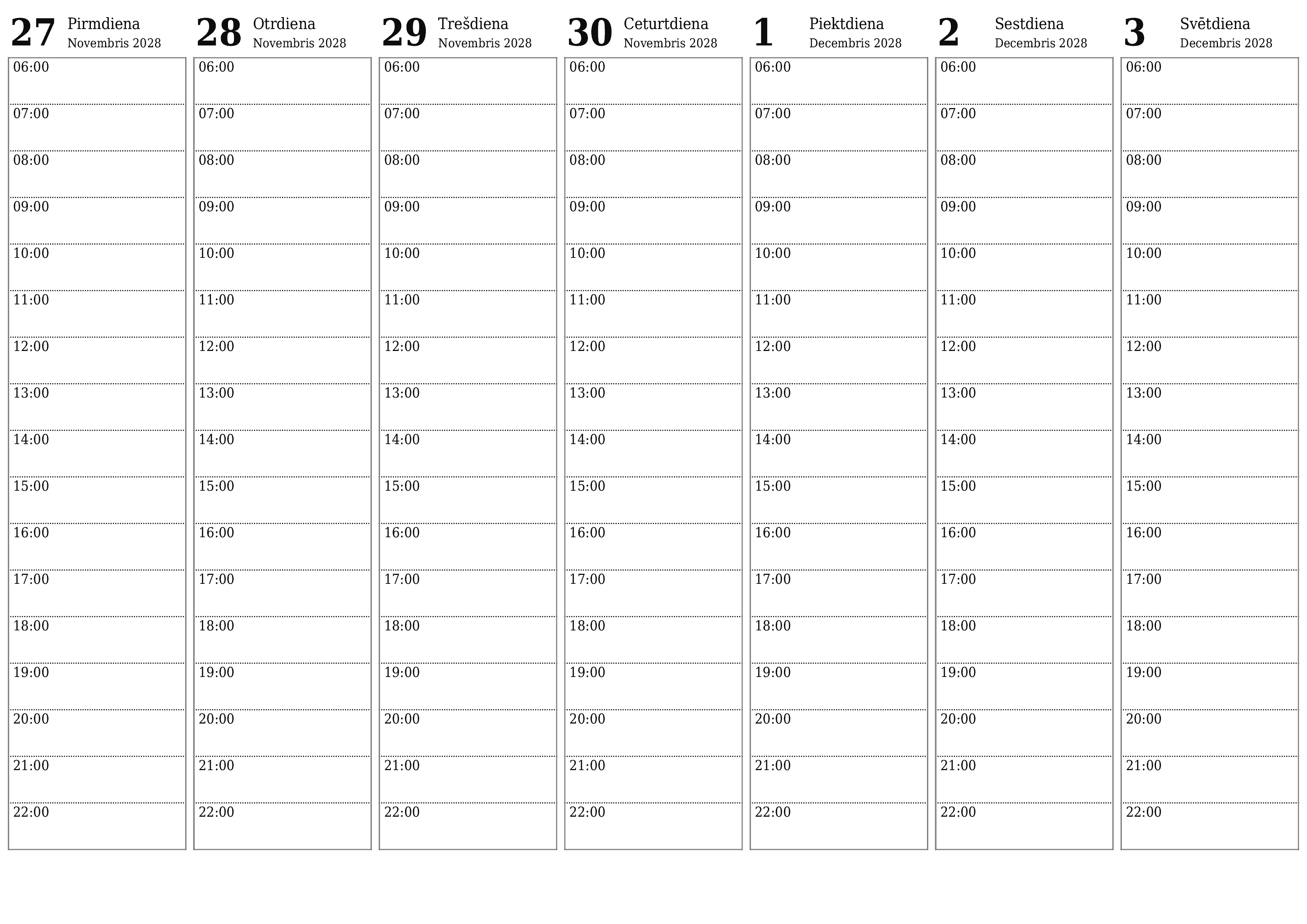 Iztukšojiet nedēļas plānotāju nedēļām Decembris 2028 ar piezīmēm, saglabājiet un izdrukājiet PDF formātā PNG Latvian