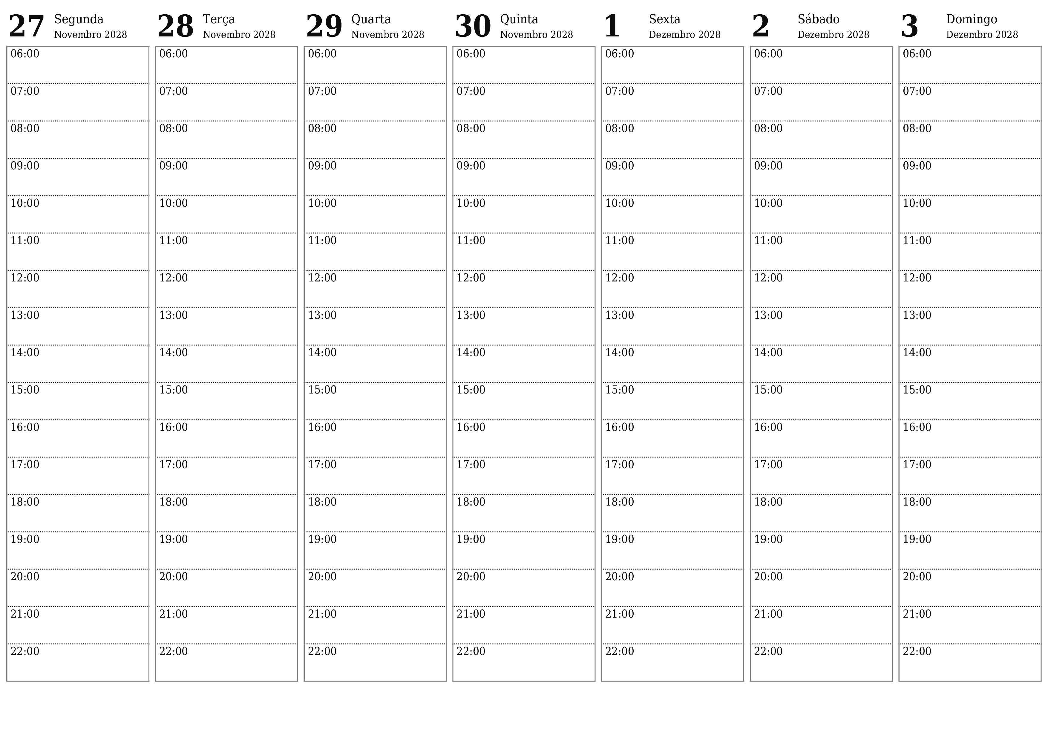 Esvazie o planejador semanal por semanas Dezembro 2028 com notas, salve e imprima em PDF PNG Portuguese