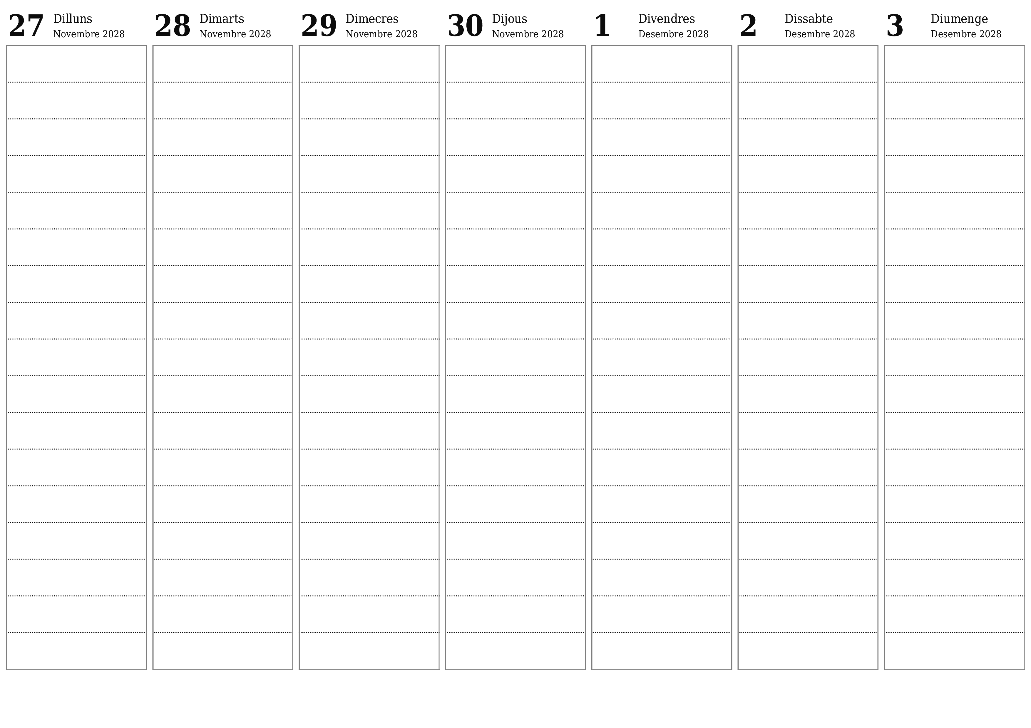 Planificador setmanal buit durant setmanes Desembre 2028 amb notes, deseu-lo i imprimiu-lo en format PDF PNG Catalan