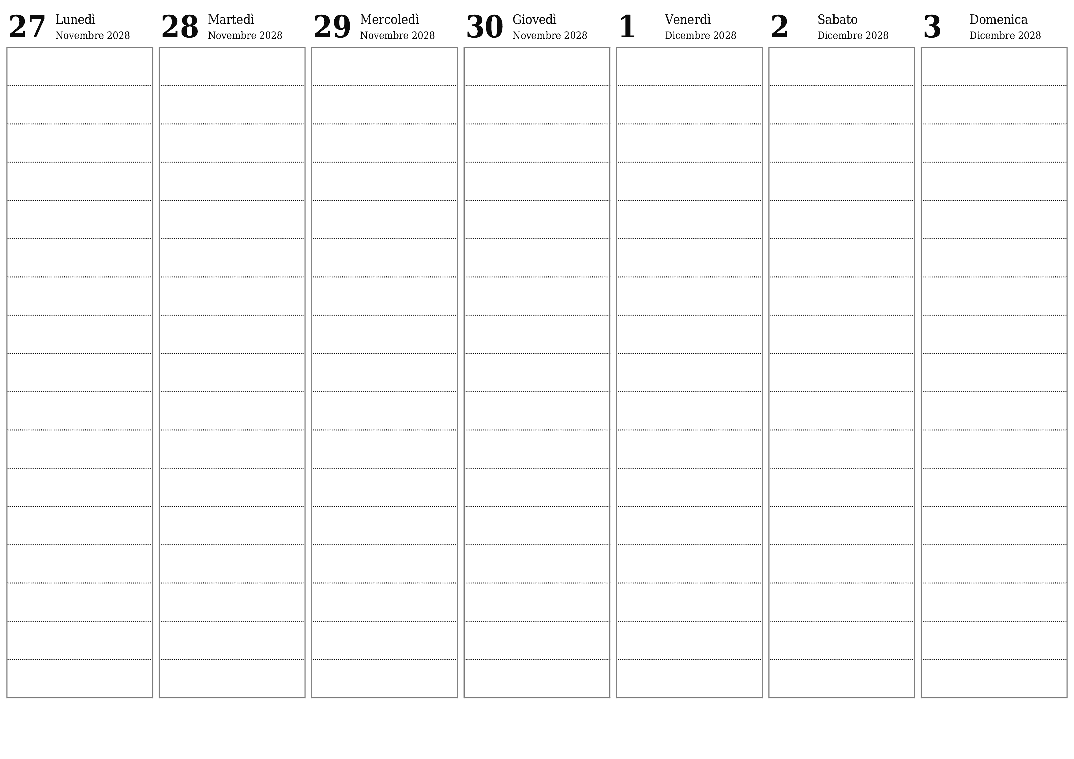 Agenda settimanale vuota per settimane Dicembre 2028 con note, salva e stampa in PDF PNG Italian