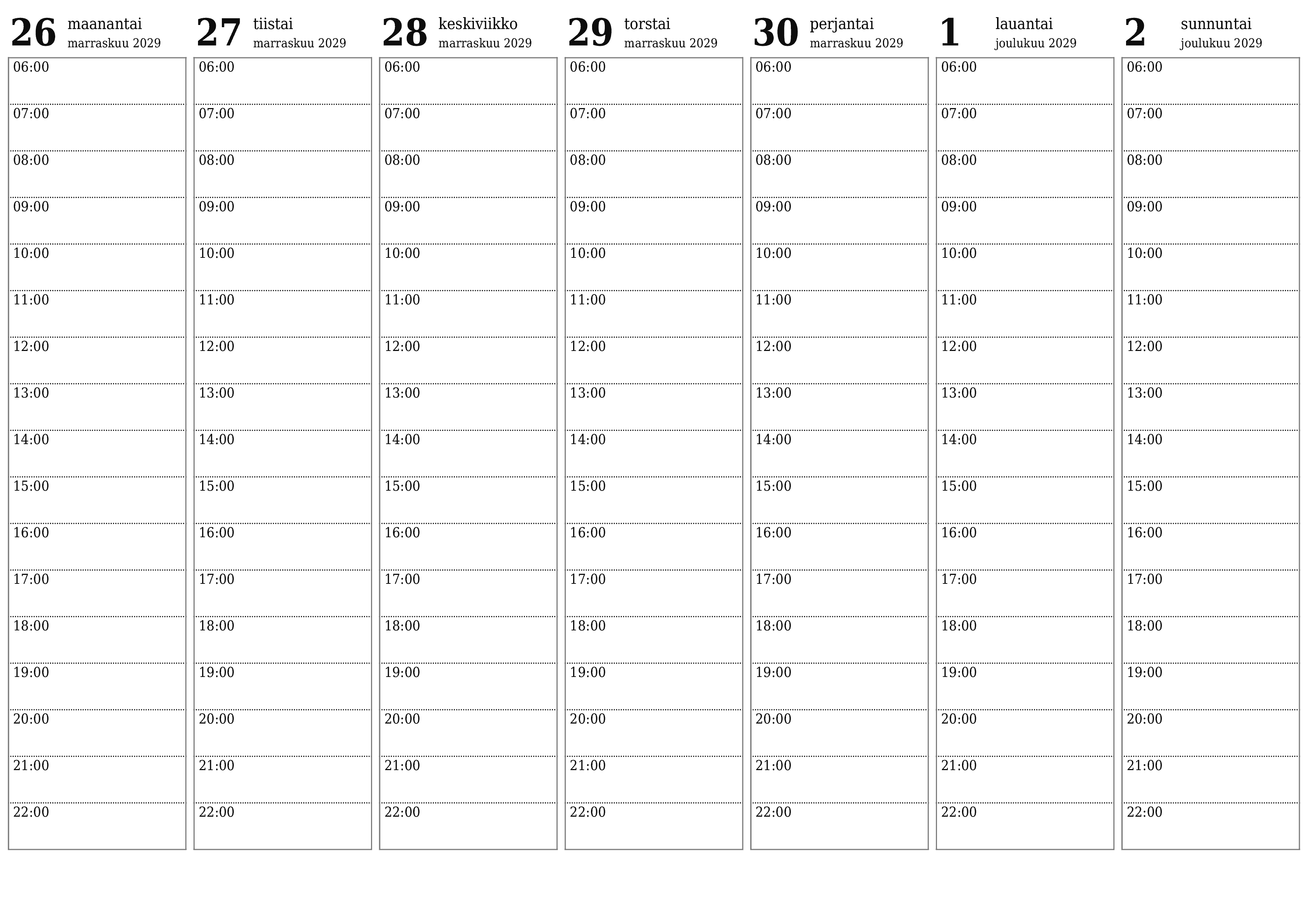 Tyhjennä viikkosuunnittelija viikkojen ajan Joulukuu 2029 muistiinpanoilla, tallenna ja tulosta PDF-muotoon PNG Finnish