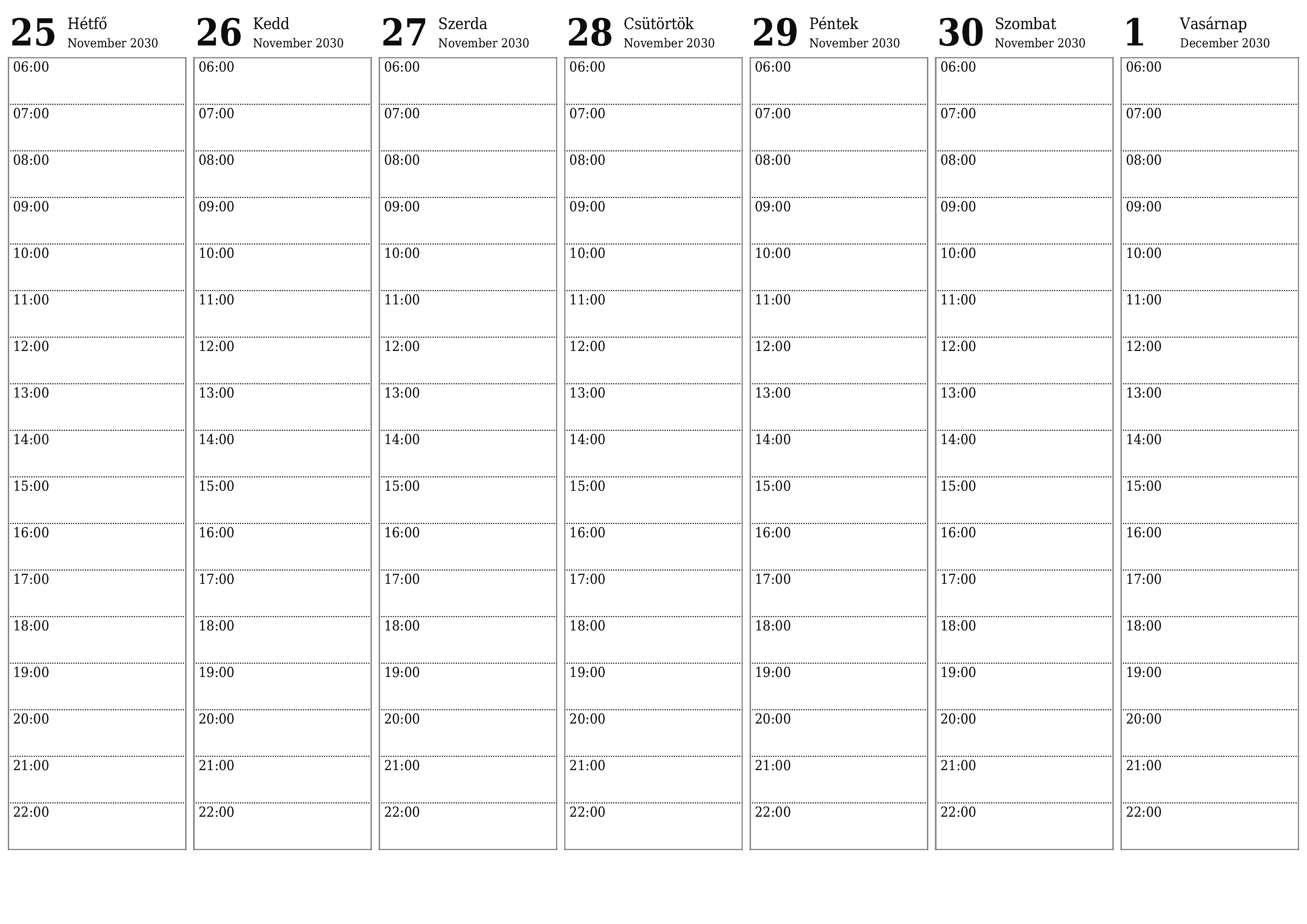 Heti tervező ürítése hetekre December 2030 jegyzetekkel, mentés és nyomtatás PDF-be PNG Hungarian