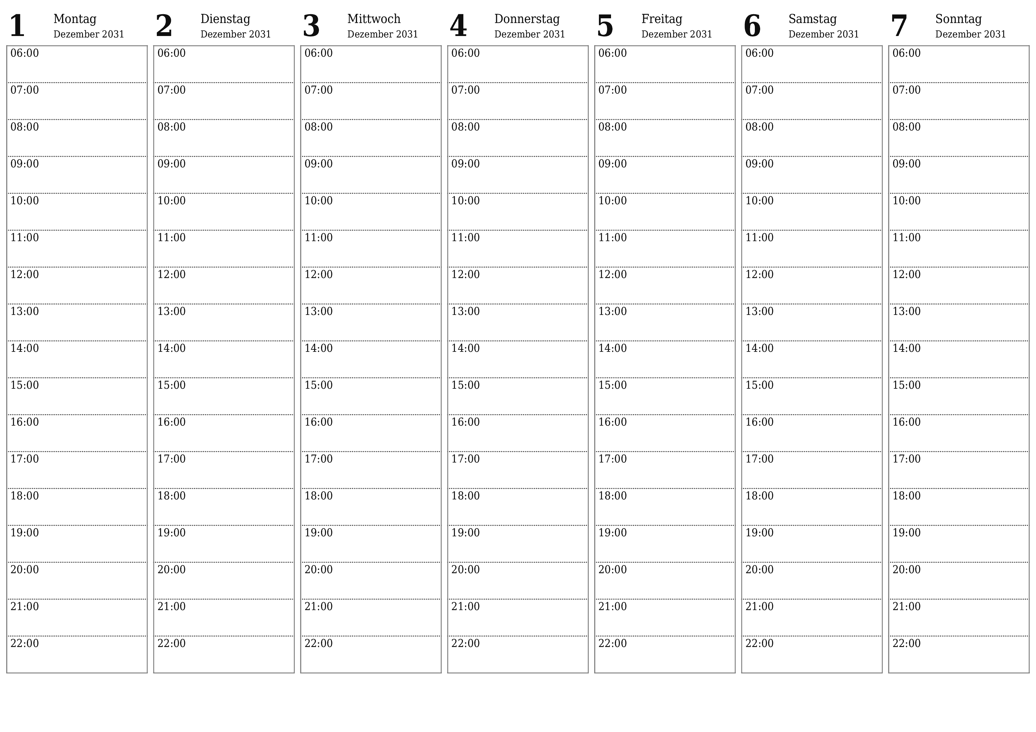 Wochenplaner für Wochen Dezember 2031 mit Notizen leeren, speichern und als PDF drucken PNG German