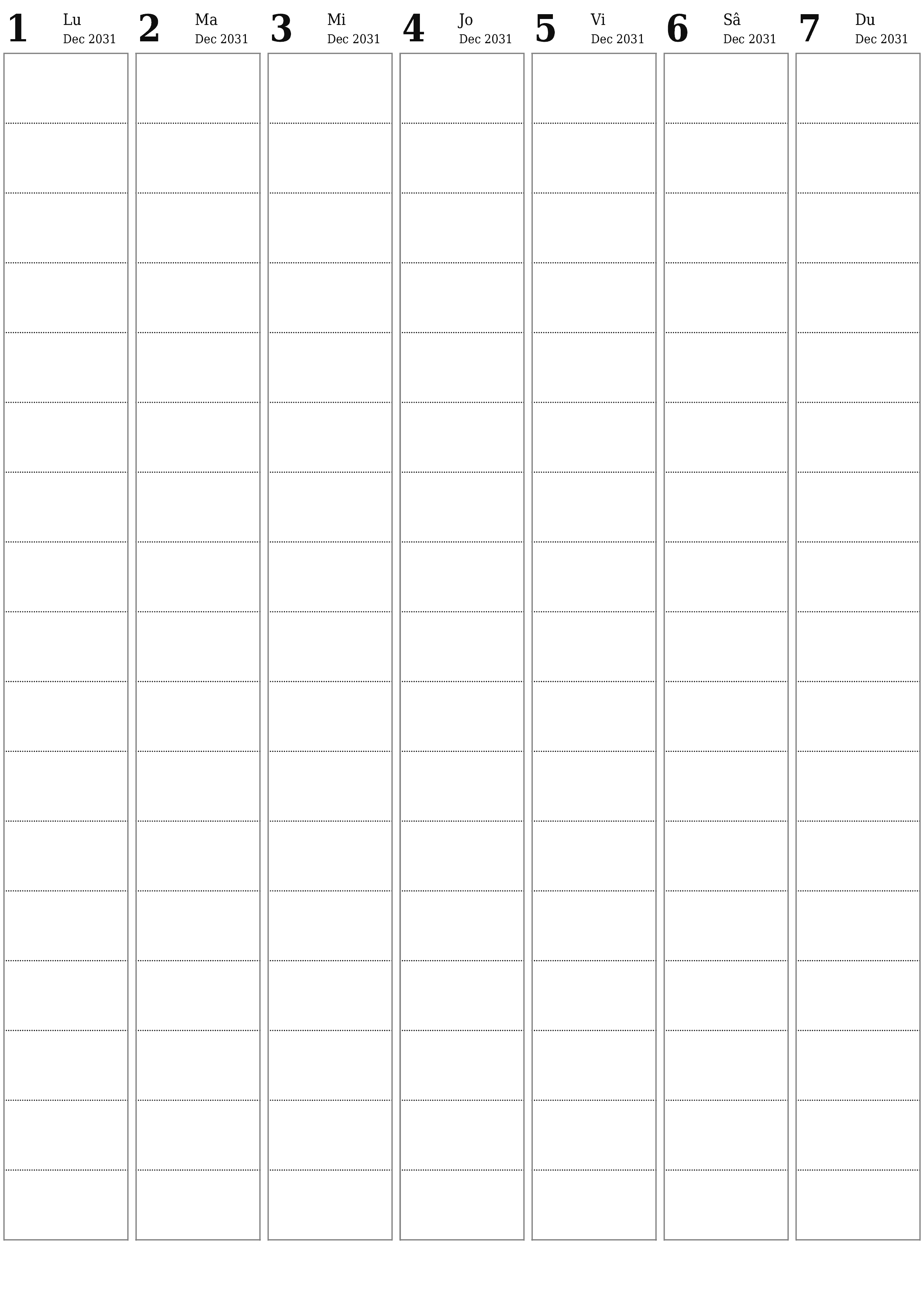 imprimabil de perete șablon de gratuitvertical Săptămânal planificator calendar Decembrie (Dec) 2031
