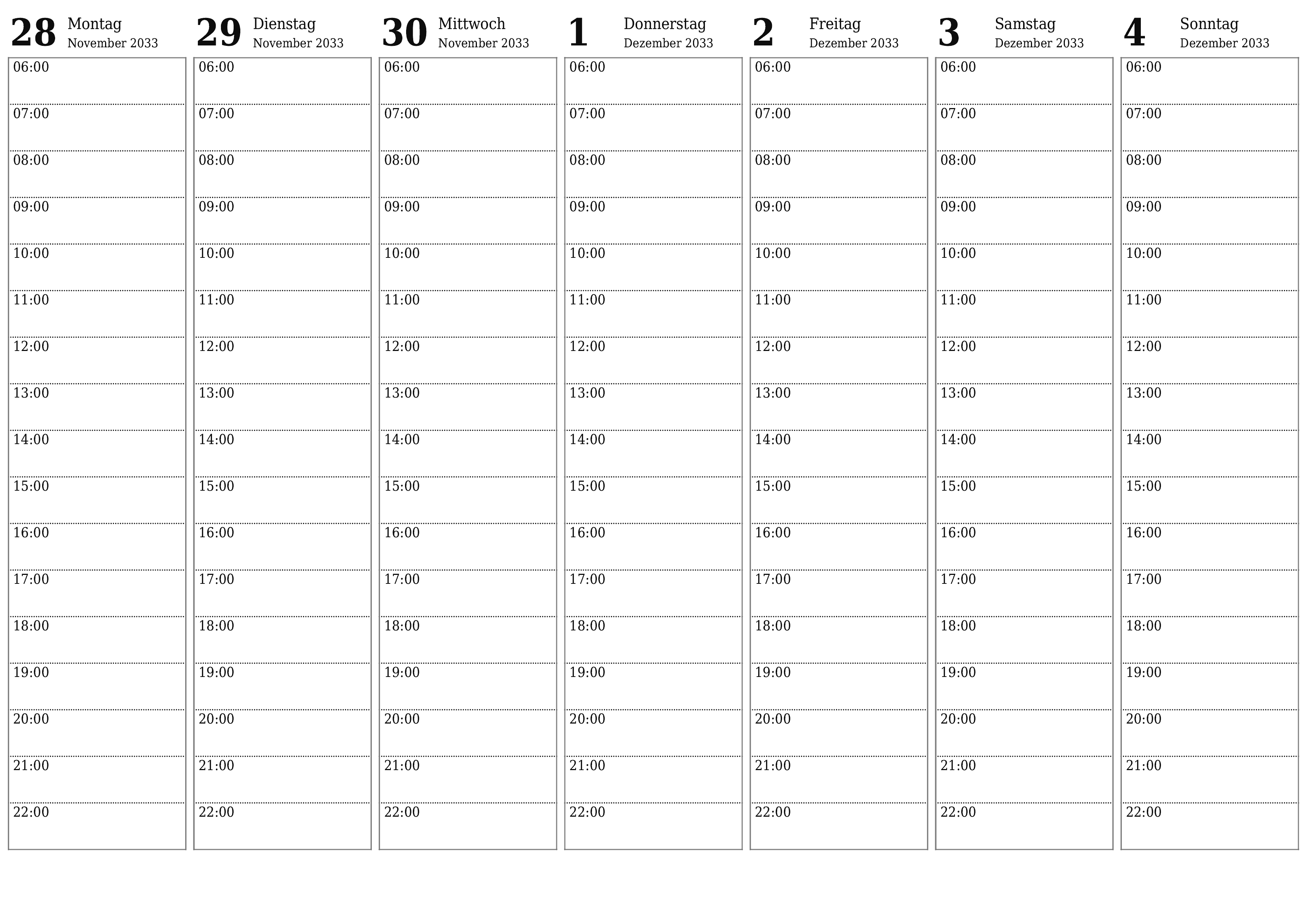 Wochenplaner für Wochen Dezember 2033 mit Notizen leeren, speichern und als PDF drucken PNG German
