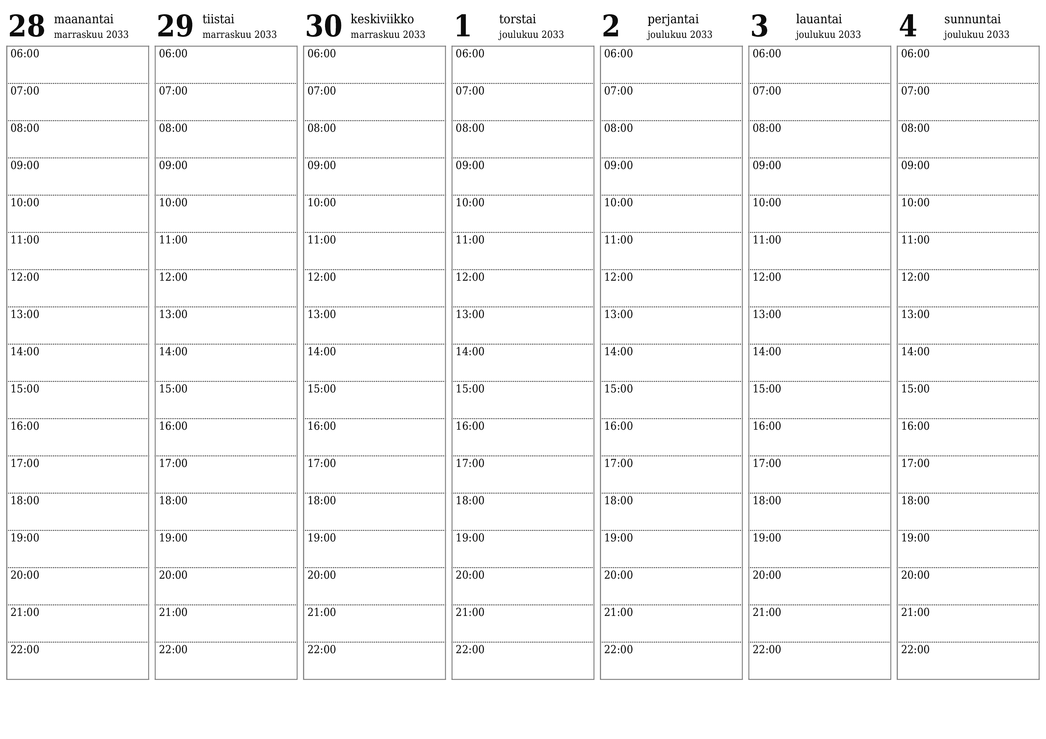 Tyhjennä viikkosuunnittelija viikkojen ajan Joulukuu 2033 muistiinpanoilla, tallenna ja tulosta PDF-muotoon PNG Finnish