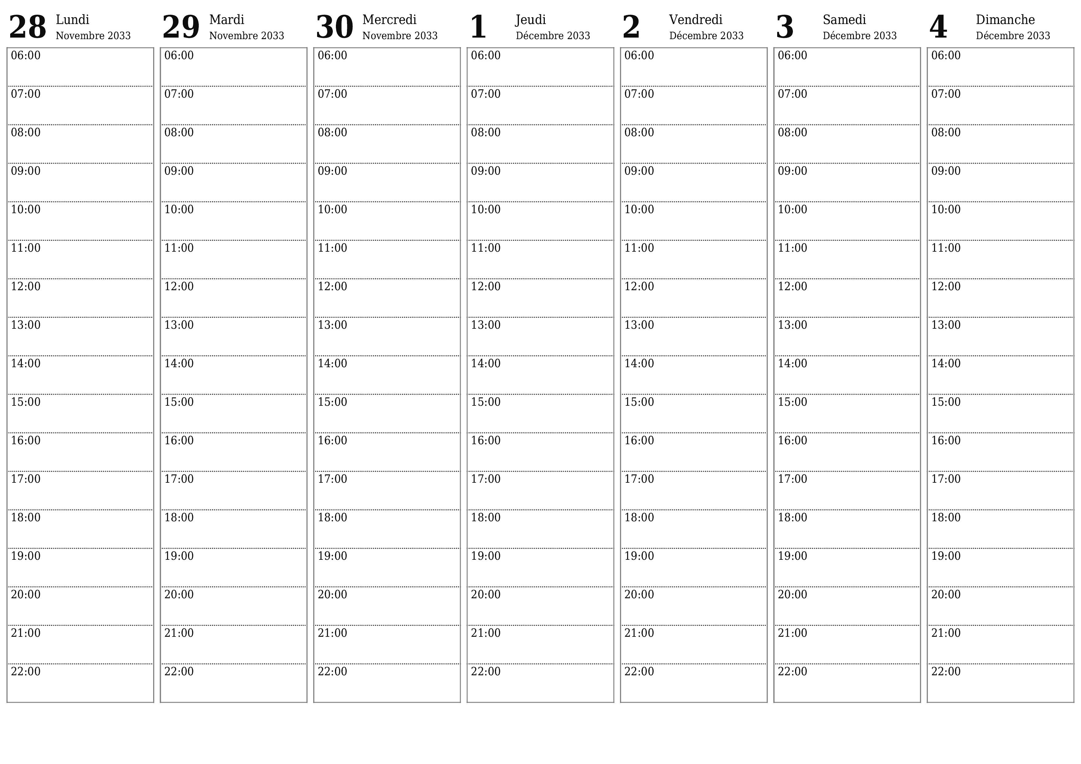 Agenda hebdomadaire vide pendant des semaines Décembre 2033 avec notes, enregistrez et imprimez au format PDF PNG French