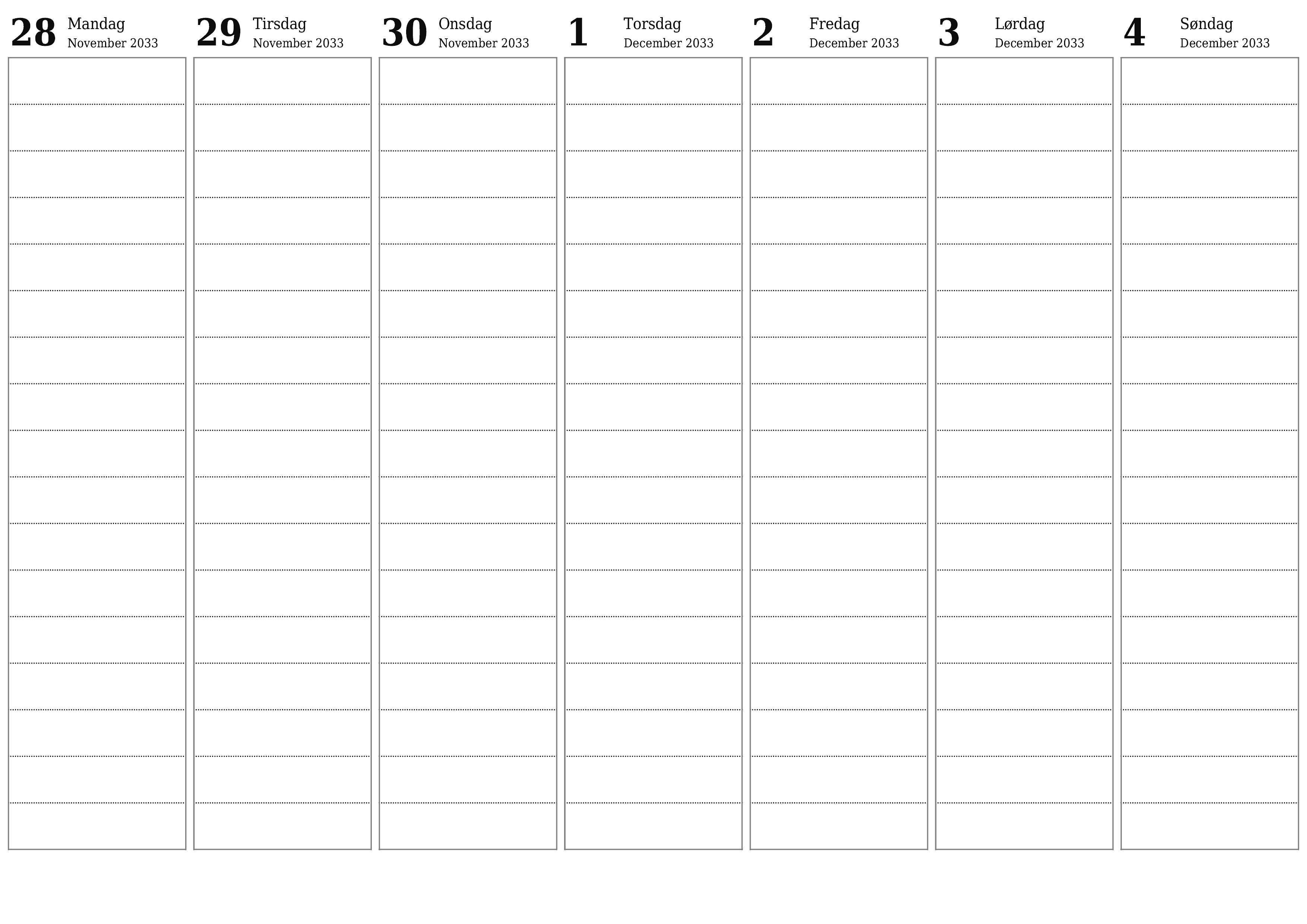 udskrivbar væg skabelon gratis vandret Ugentligt planlægger kalender December (Dec) 2033