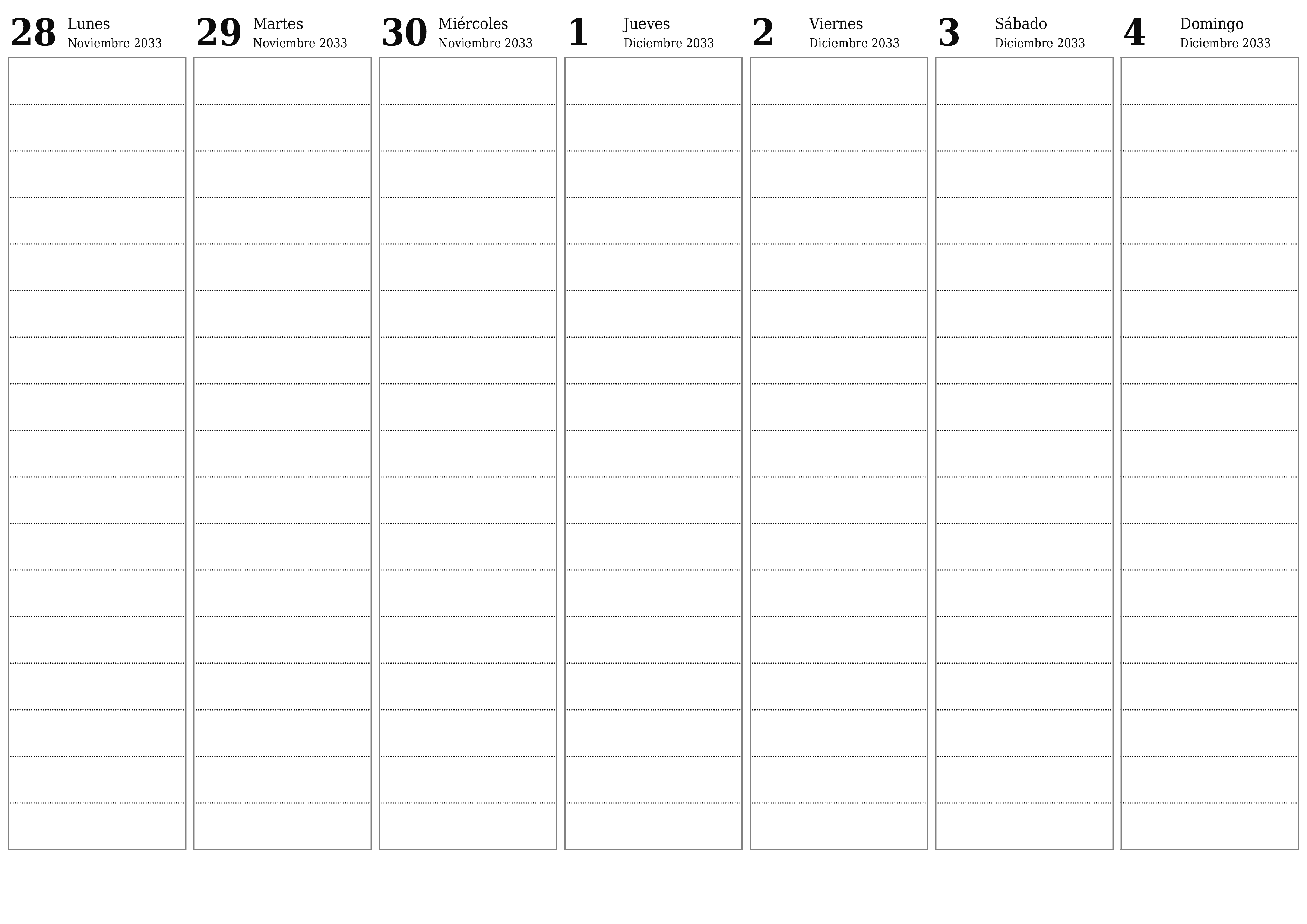 Planificador semanal vacío para semanas Diciembre 2033 con notas, guardar e imprimir en PDF PNG Spanish