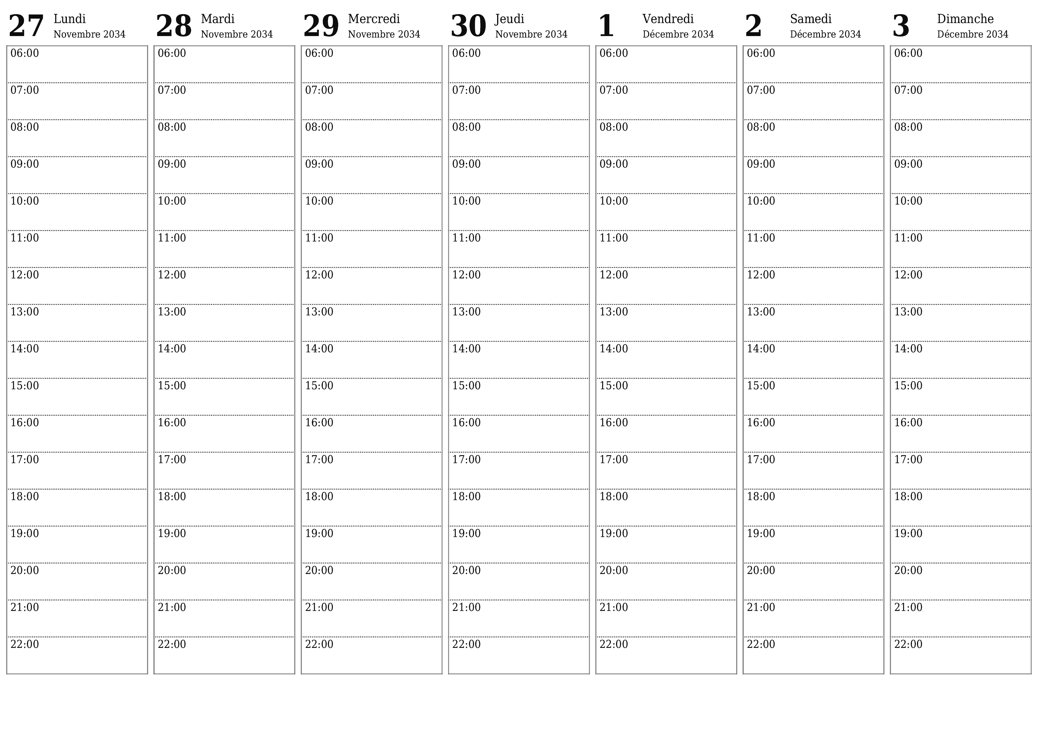 Agenda hebdomadaire vide pendant des semaines Décembre 2034 avec notes, enregistrez et imprimez au format PDF PNG French