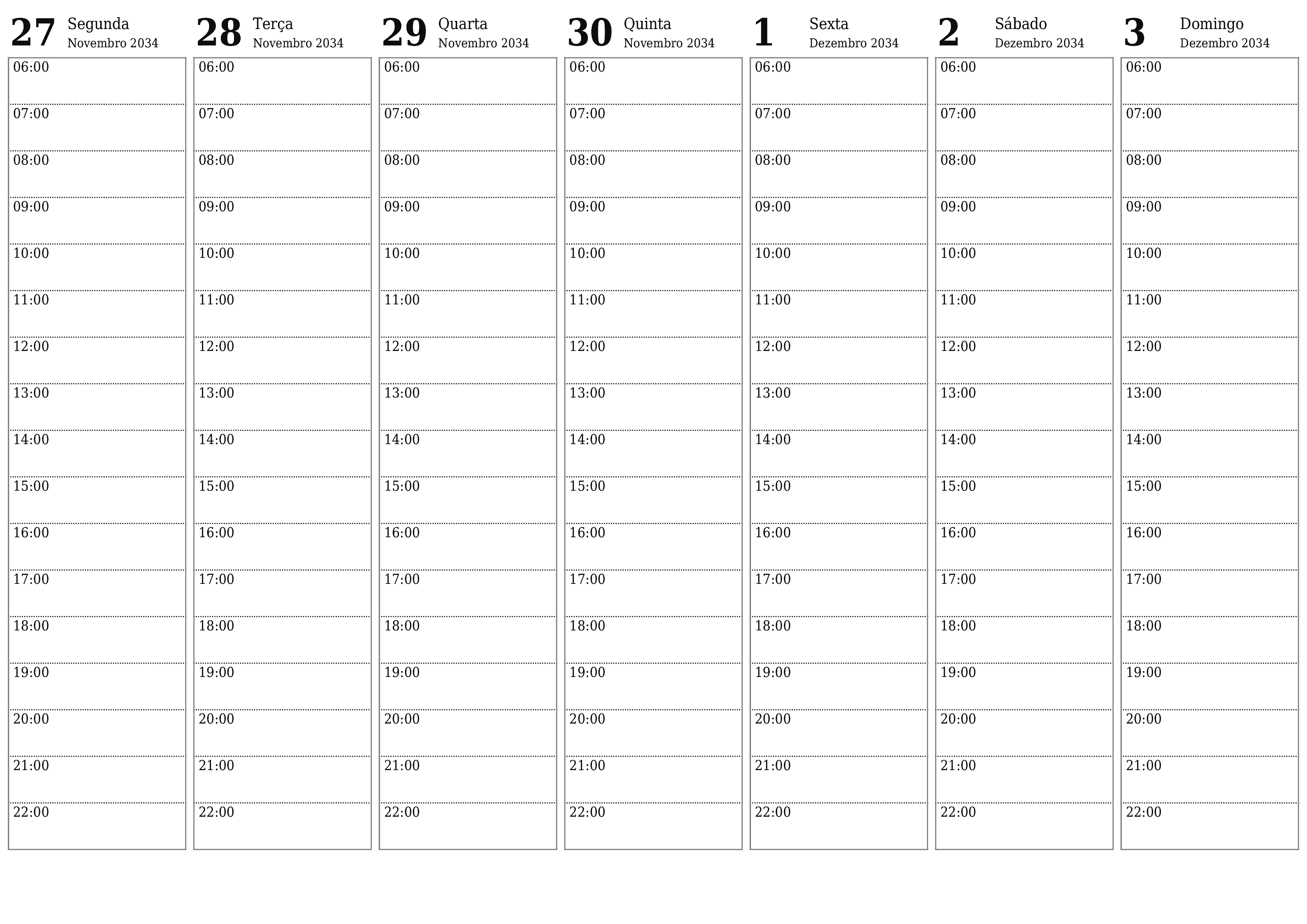 Esvazie o planejador semanal por semanas Dezembro 2034 com notas, salve e imprima em PDF PNG Portuguese