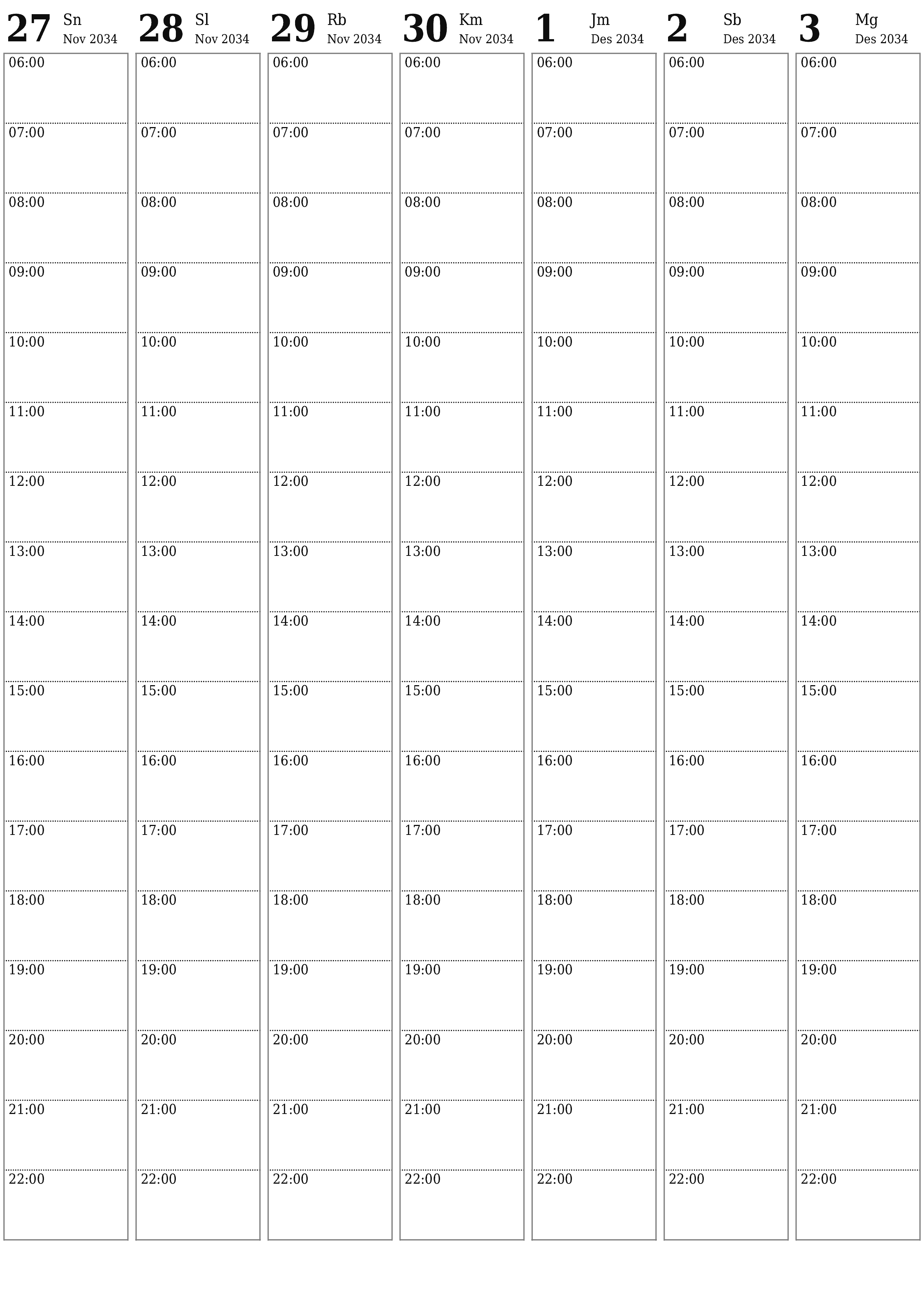 Kosongkan agenda mingguan untuk minggu Desember 2034 dengan catatan, simpan dan cetak ke PDF PNG Indonesian