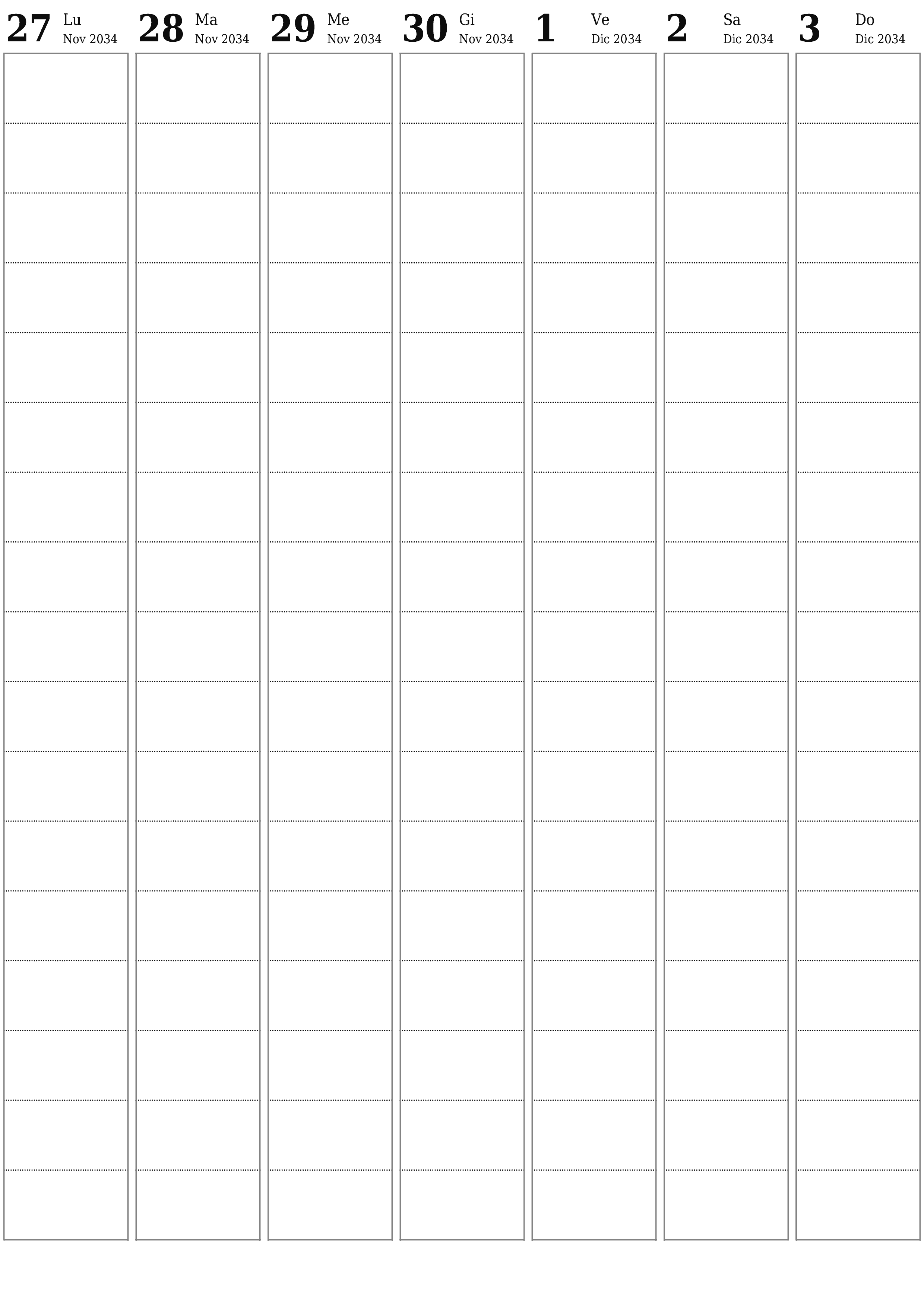 Agenda settimanale vuota per settimane Dicembre 2034 con note, salva e stampa in PDF PNG Italian