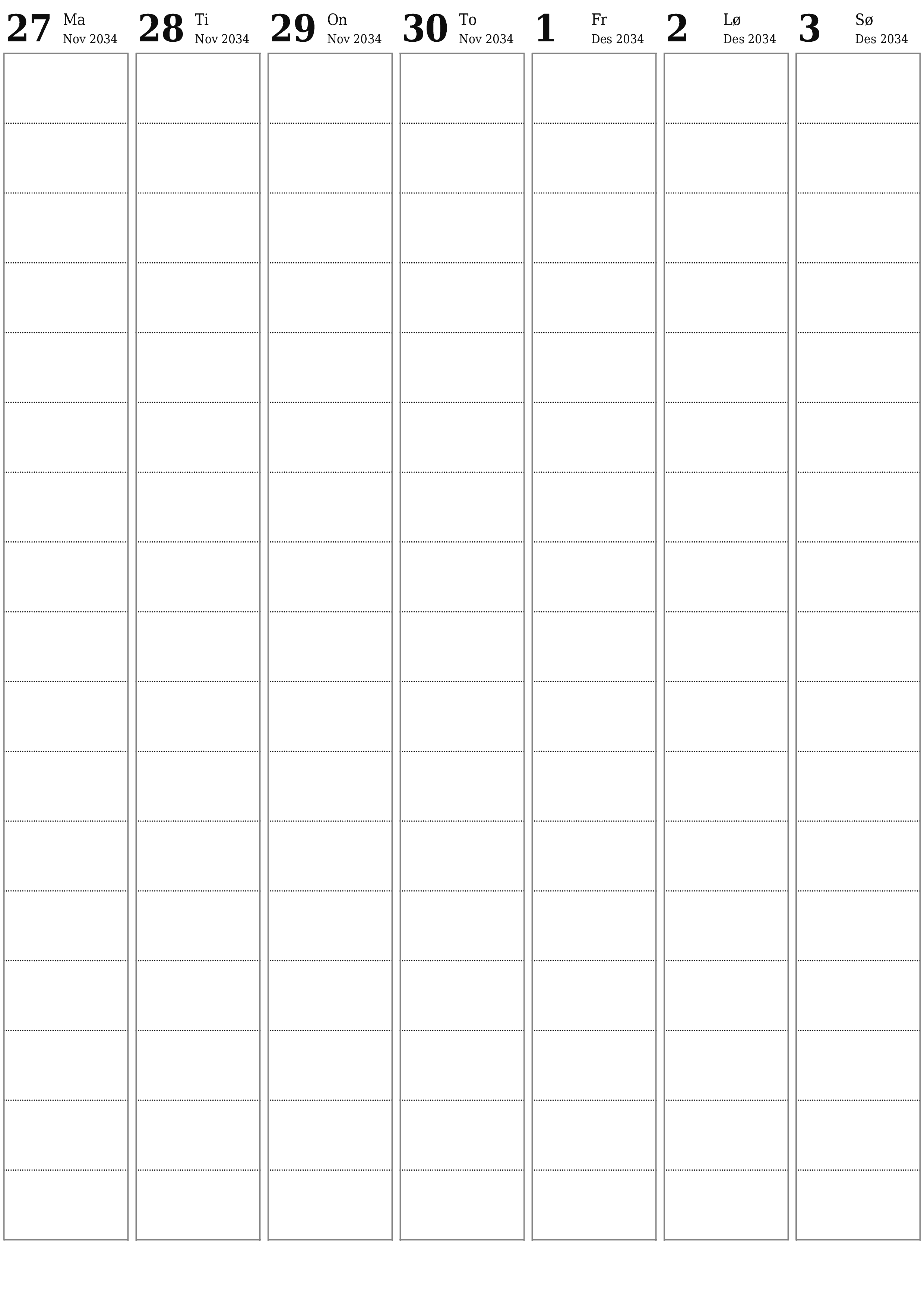 Tøm ukentlig planlegger i uker Desember 2034 med notater, lagre og skriv ut i PDF PNG Norwegian